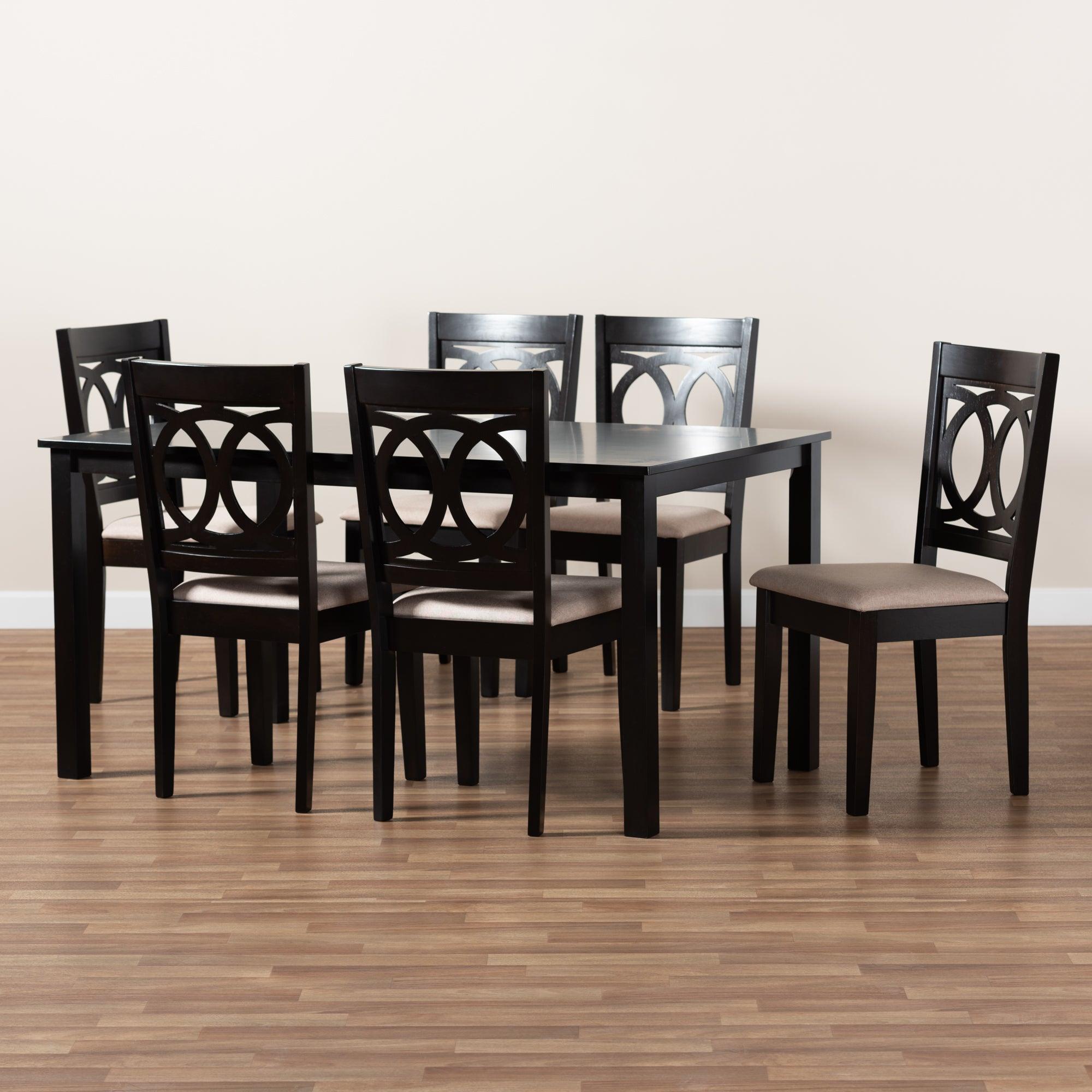Lenoir Modern and Contemporary Sand Fabric Upholstered Espresso Finished Wood 7-Piece Dining Set