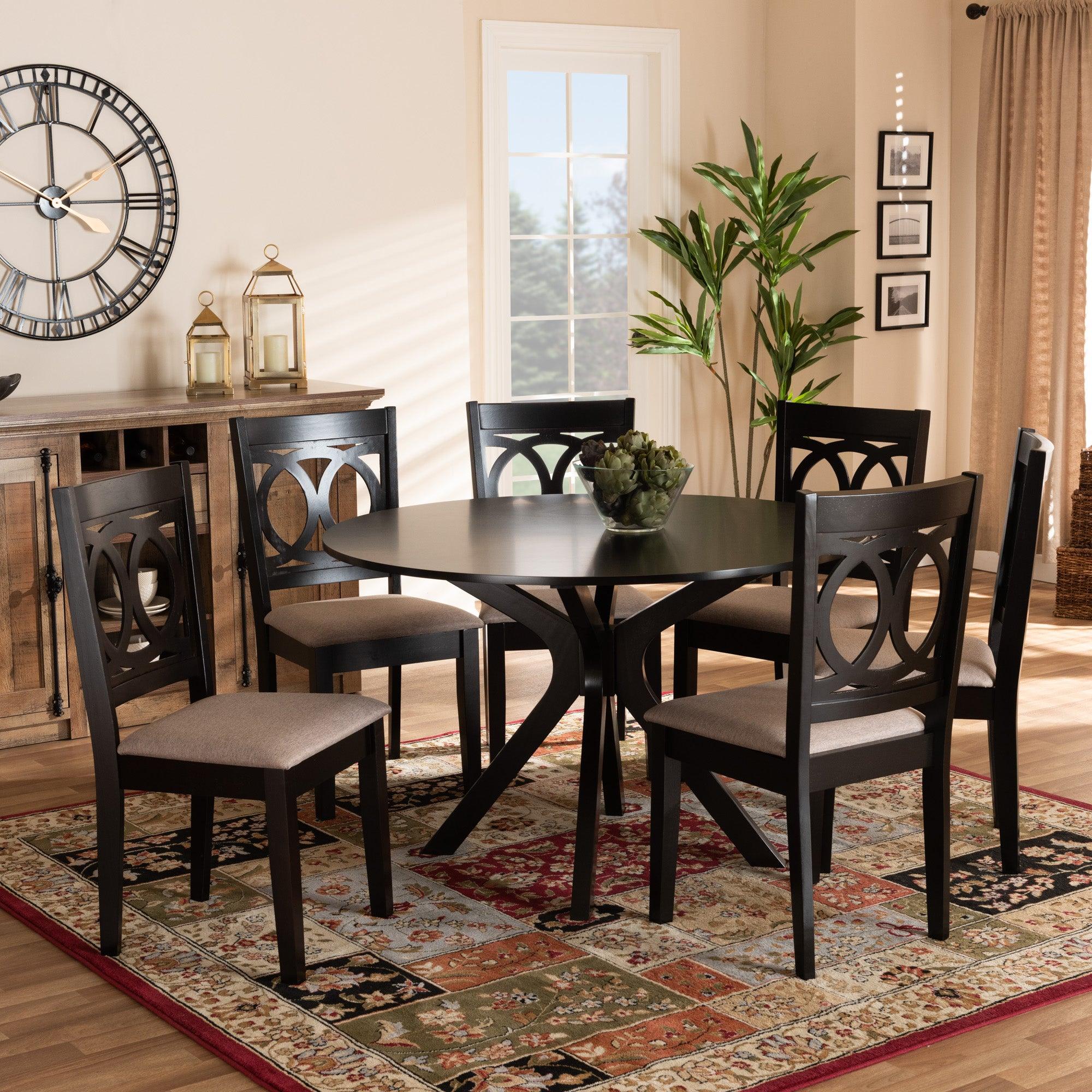 Sanne Modern and Contemporary Sand Fabric Upholstered and Finished Wood 7-Piece Dining Set