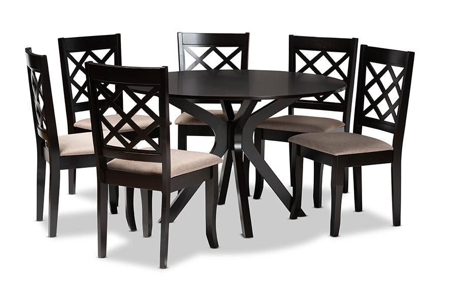 Jana Modern and Contemporary Sand Fabric Upholstered and Finished Wood 7-Piece Dining Set