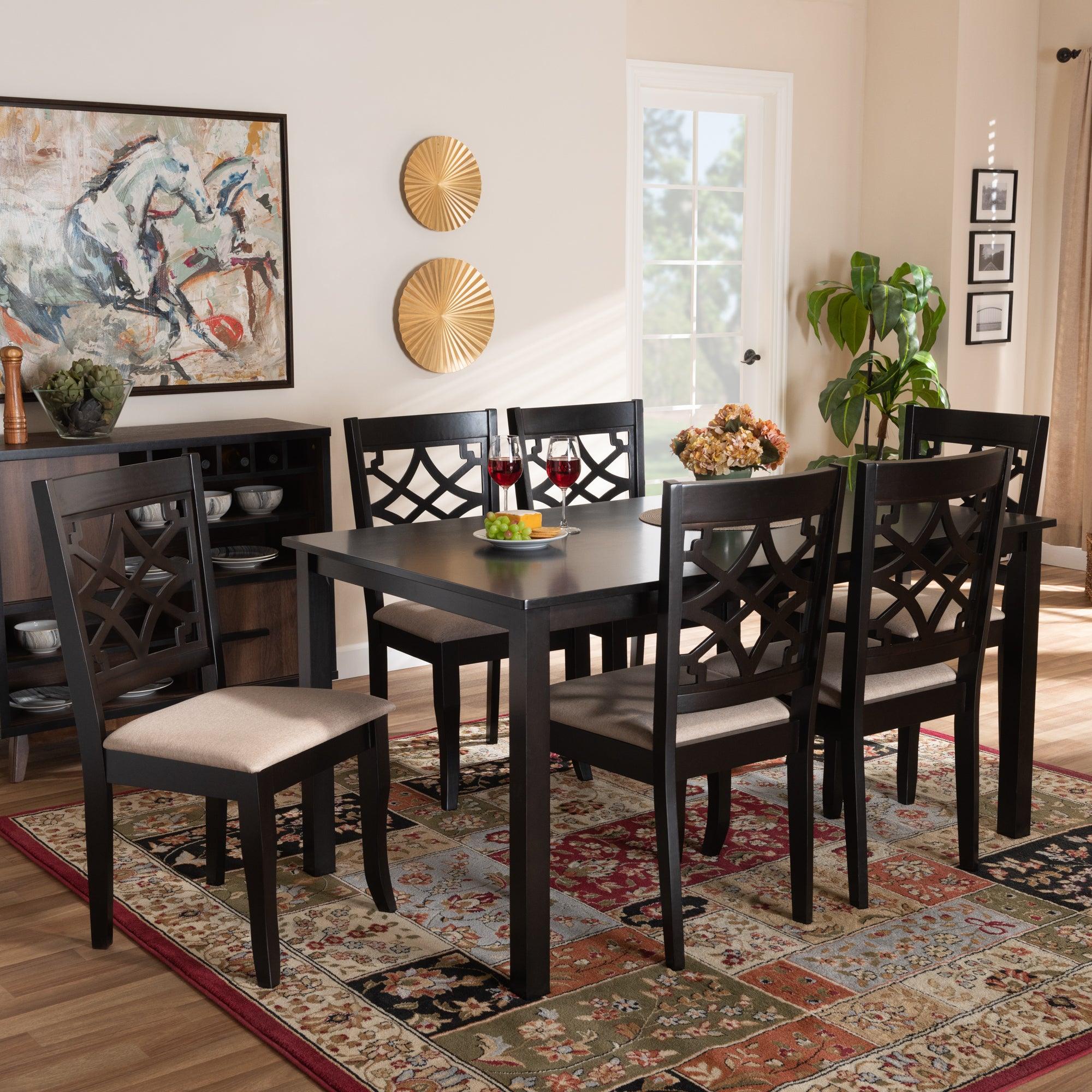 Mael Modern and Contemporary Sand Fabric Upholstered and Espresso Finished Wood 7-Piece Dining Set