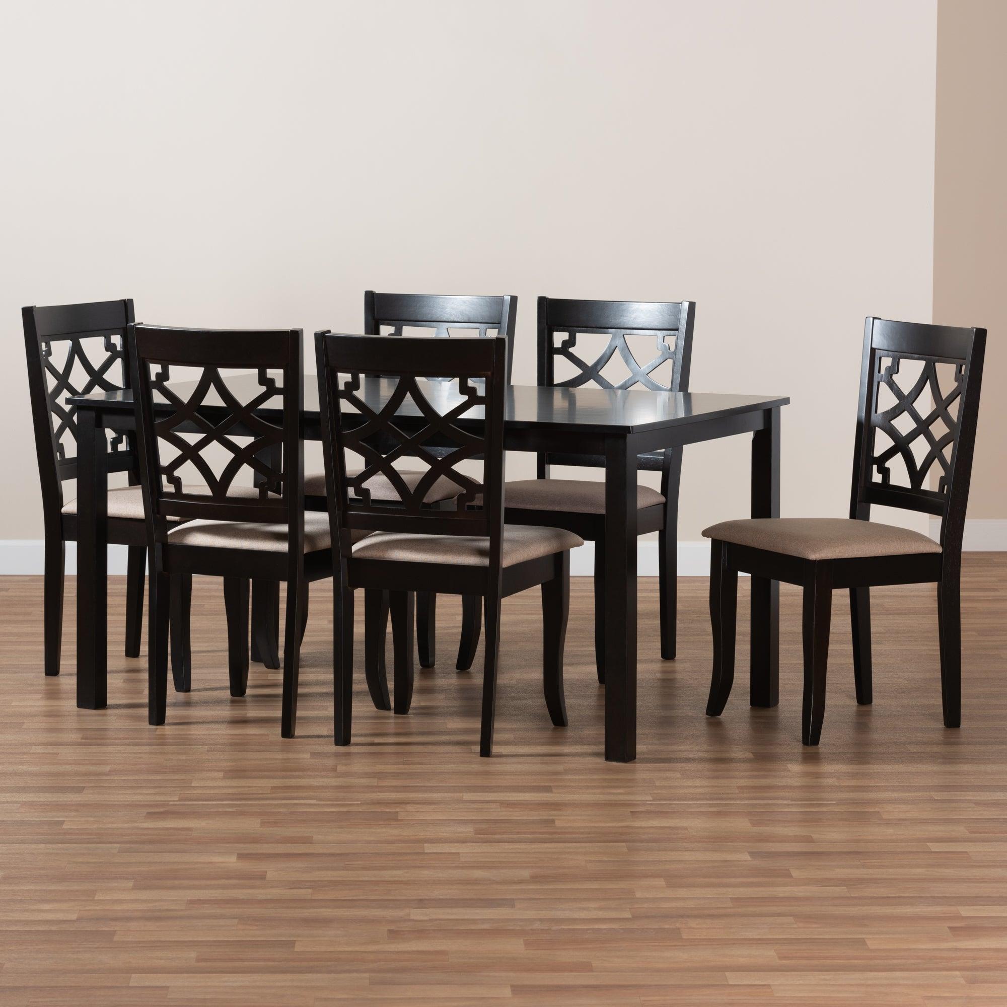 Mael Modern and Contemporary Sand Fabric Upholstered and Espresso Finished Wood 7-Piece Dining Set