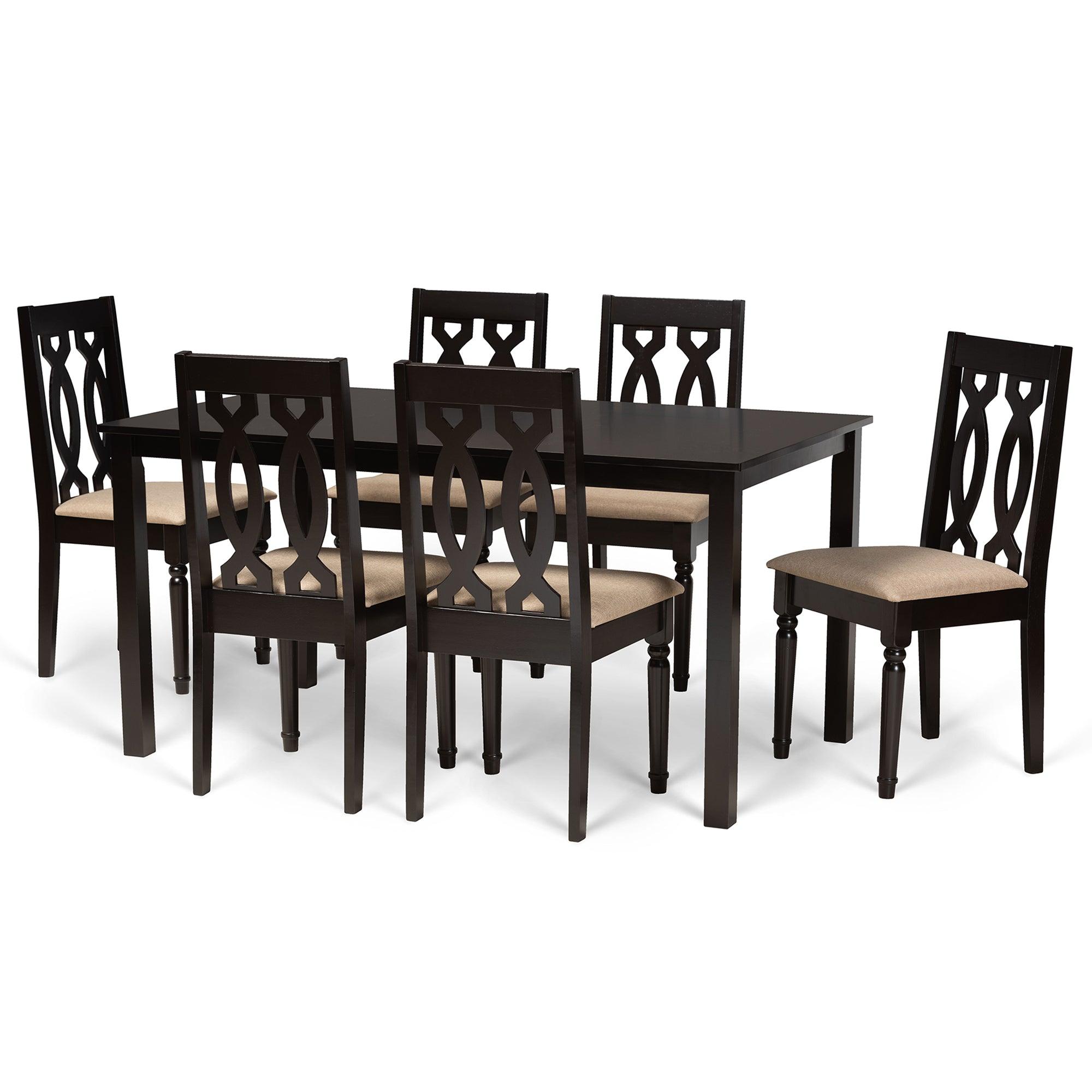 Cherese Modern and Contemporary Sand Fabric Upholstered and Finished Wood 7-Piece Dining Set