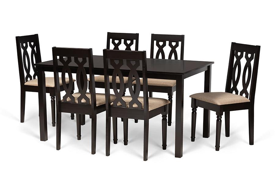 Cherese Modern and Contemporary Sand Fabric Upholstered and Finished Wood 7-Piece Dining Set