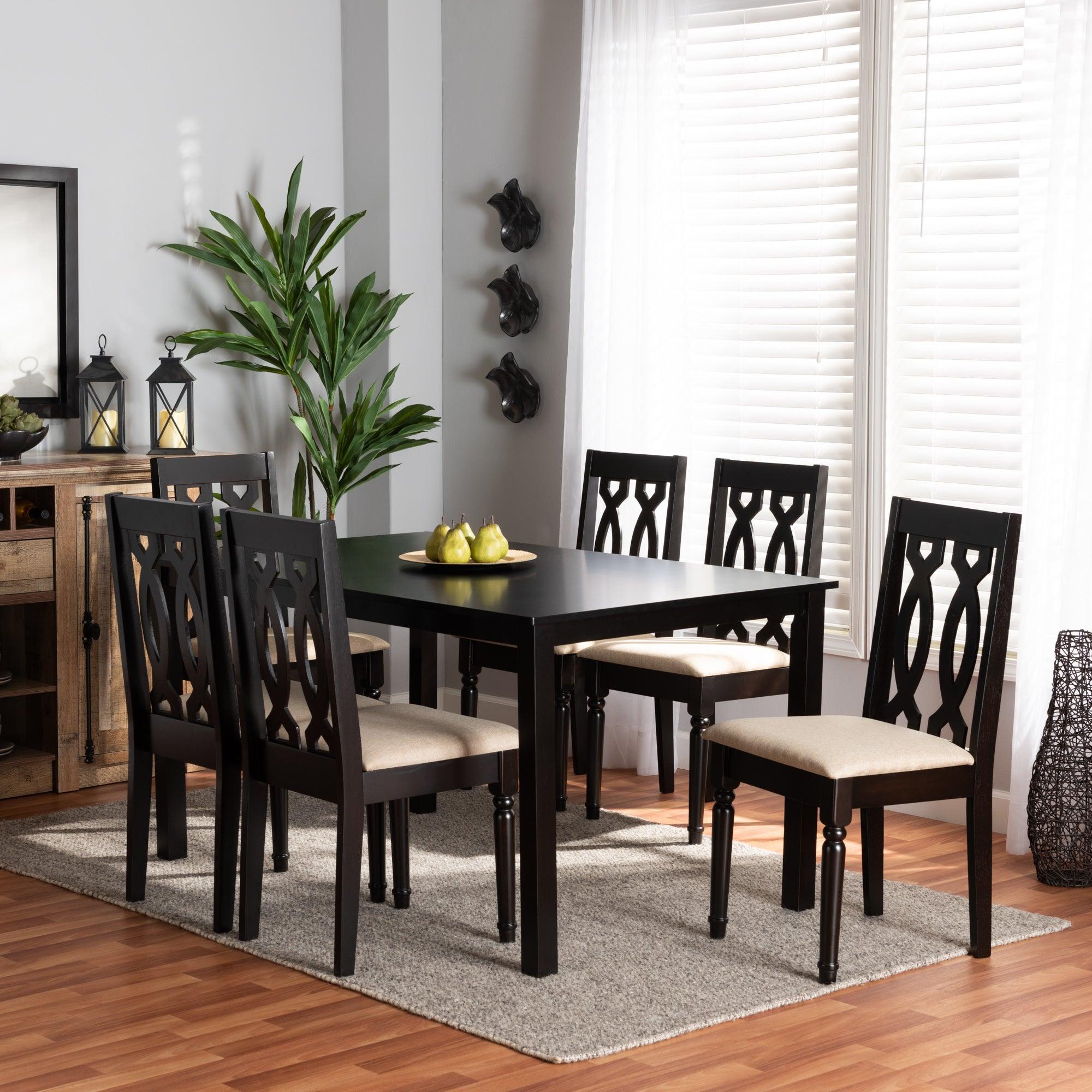 Cherese Modern and Contemporary Sand Fabric Upholstered and Finished Wood 7-Piece Dining Set
