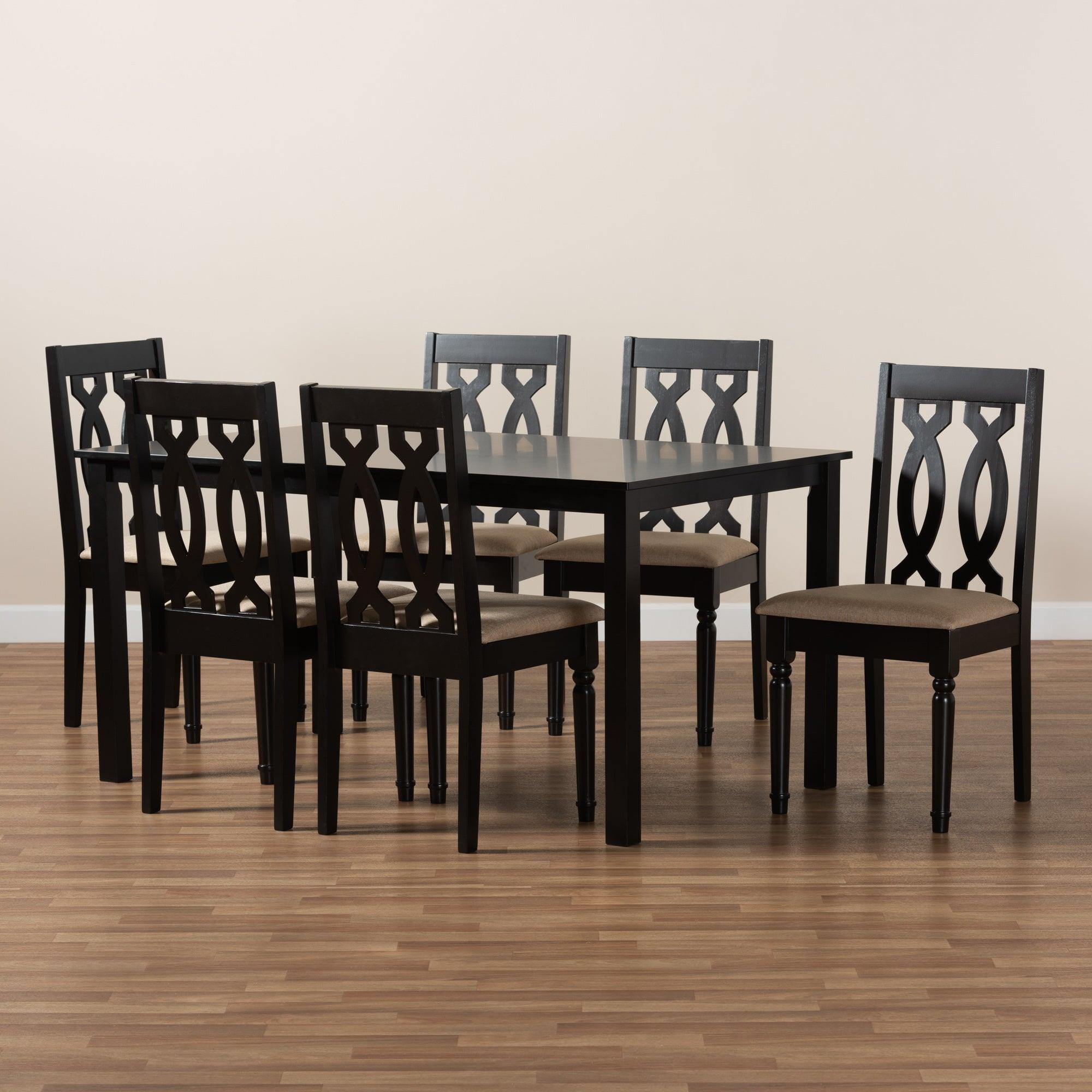 Cherese Modern and Contemporary Sand Fabric Upholstered and Finished Wood 7-Piece Dining Set