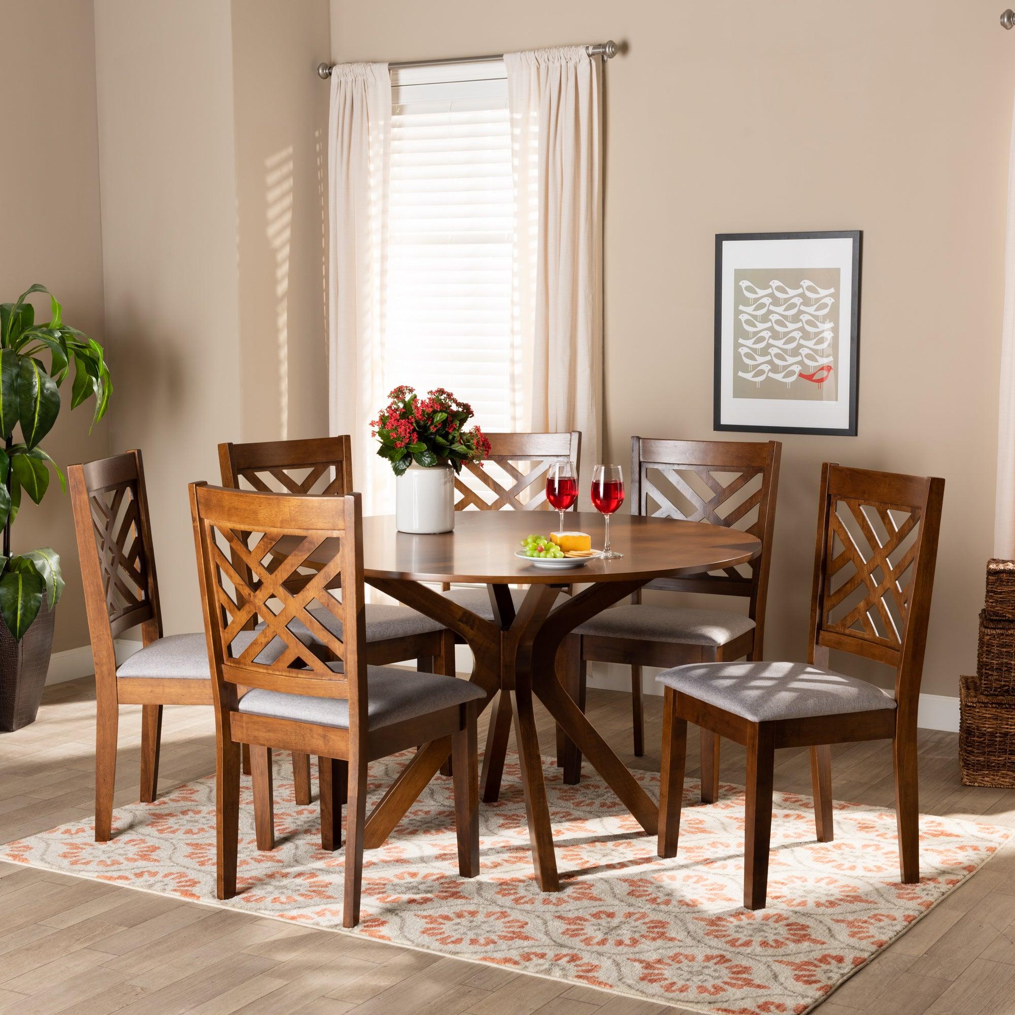 Norah Modern and Contemporary Fabric Upholstered and Finished Wood 7-Piece Dining Set