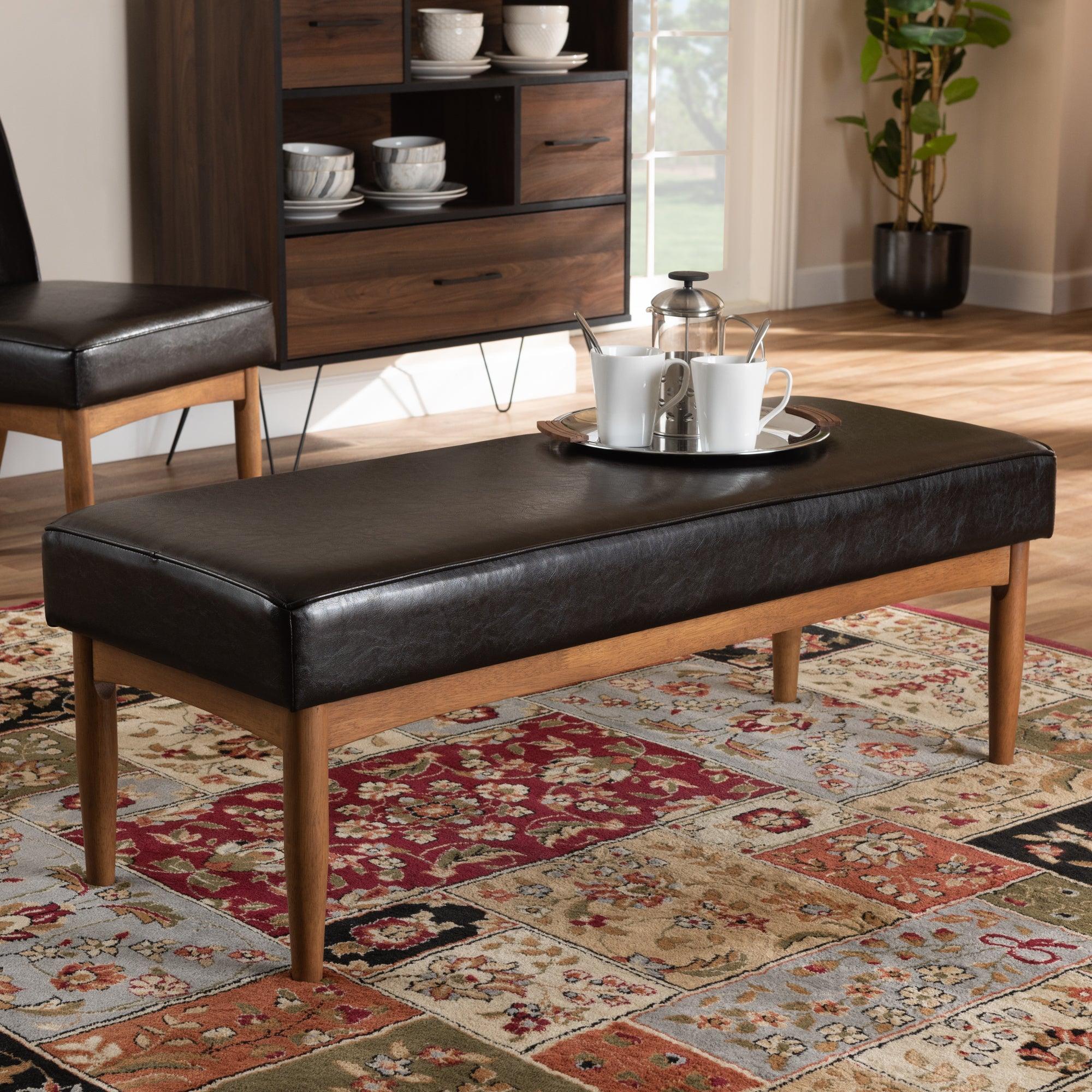 Arvid Mid-Century Modern Faux Leather Upholstered Wood Dining Bench