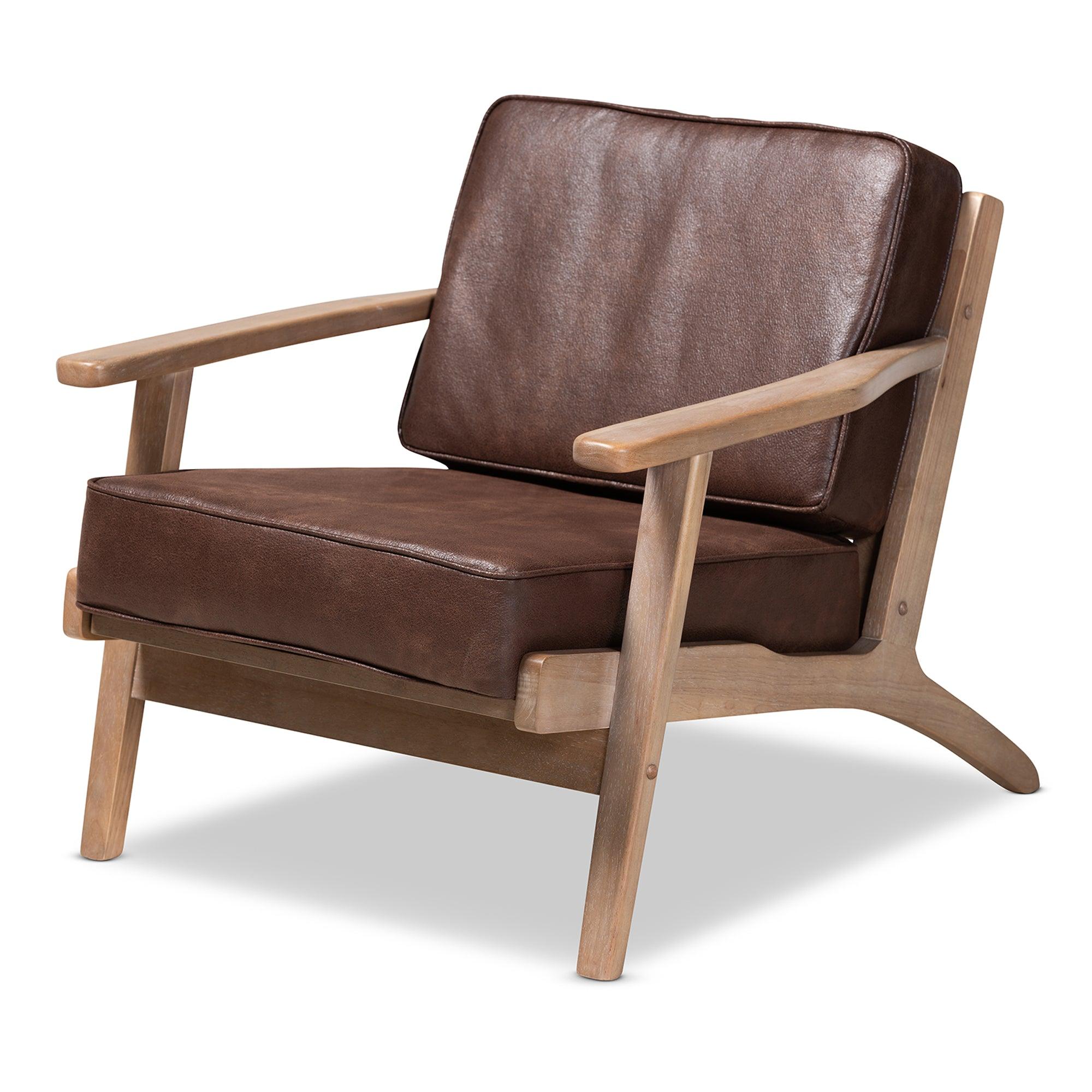 Sigrid Mid-Century Modern Faux Leather Effect Fabric Upholstered Antique Finished Wood Armchair