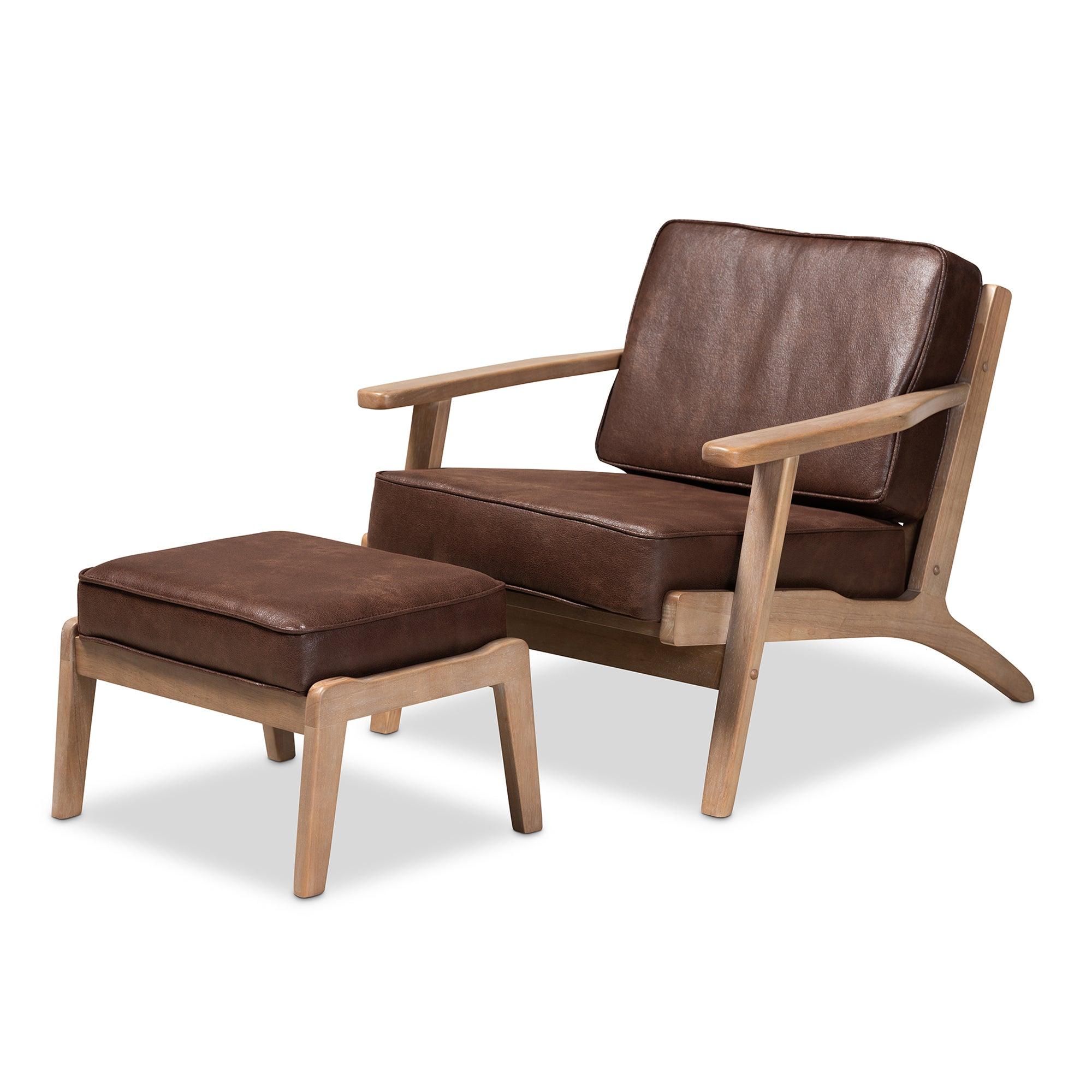 Sigrid Mid-Century Modern Faux Leather Effect Fabric Upholstered Antique Finished 2-Piece Wood Armchair and Ottoman Set
