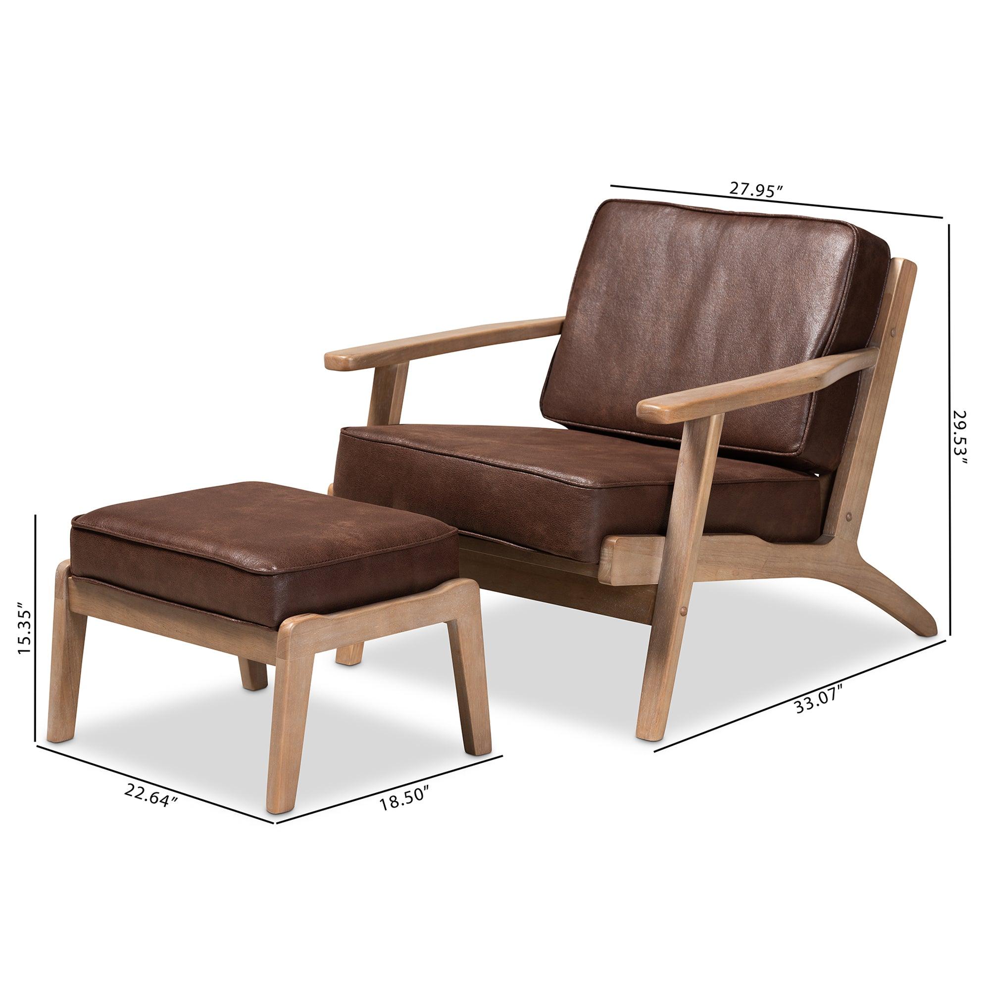 Sigrid Mid-Century Modern Faux Leather Effect Fabric Upholstered Antique Finished 2-Piece Wood Armchair and Ottoman Set