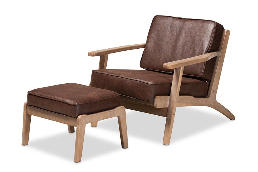 Sigrid Mid-Century Modern Faux Leather Effect Fabric Upholstered Antique Finished 2-Piece Wood Armchair and Ottoman Set