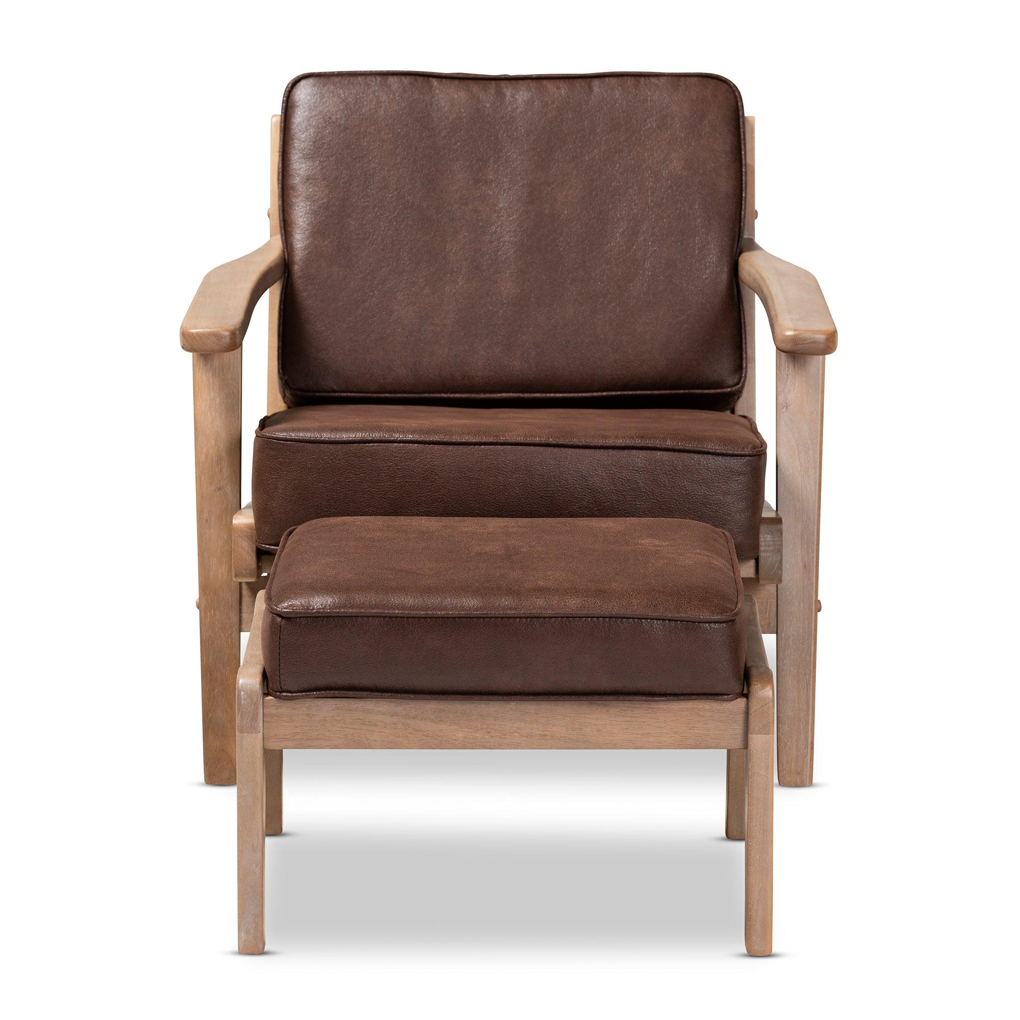 Sigrid Mid-Century Modern Faux Leather Effect Fabric Upholstered Antique Finished 2-Piece Wood Armchair and Ottoman Set