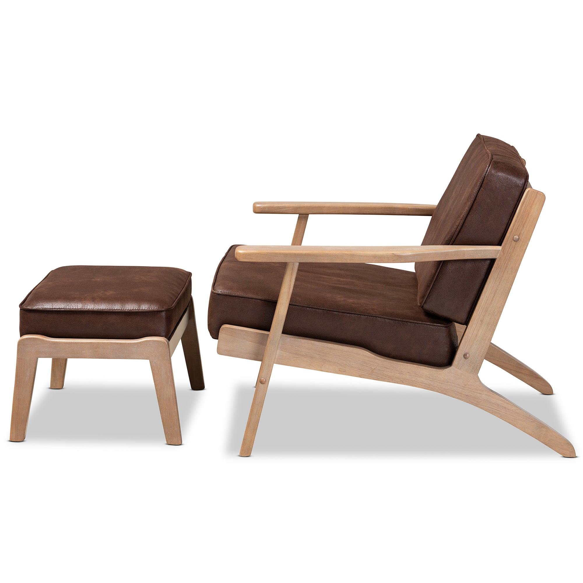 Sigrid Mid-Century Modern Faux Leather Effect Fabric Upholstered Antique Finished 2-Piece Wood Armchair and Ottoman Set