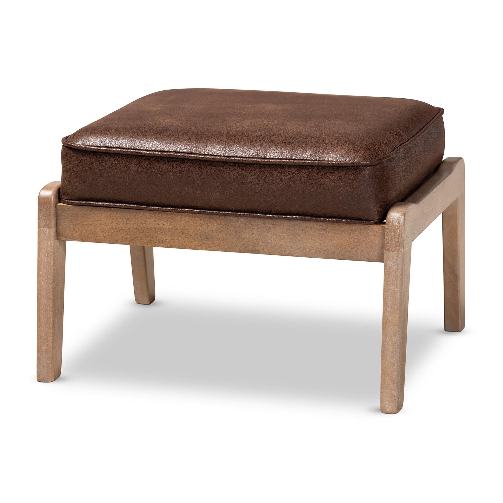 Sigrid Mid-Century Modern Faux Leather Effect Fabric Upholstered Antique Finished 2-Piece Wood Armchair and Ottoman Set