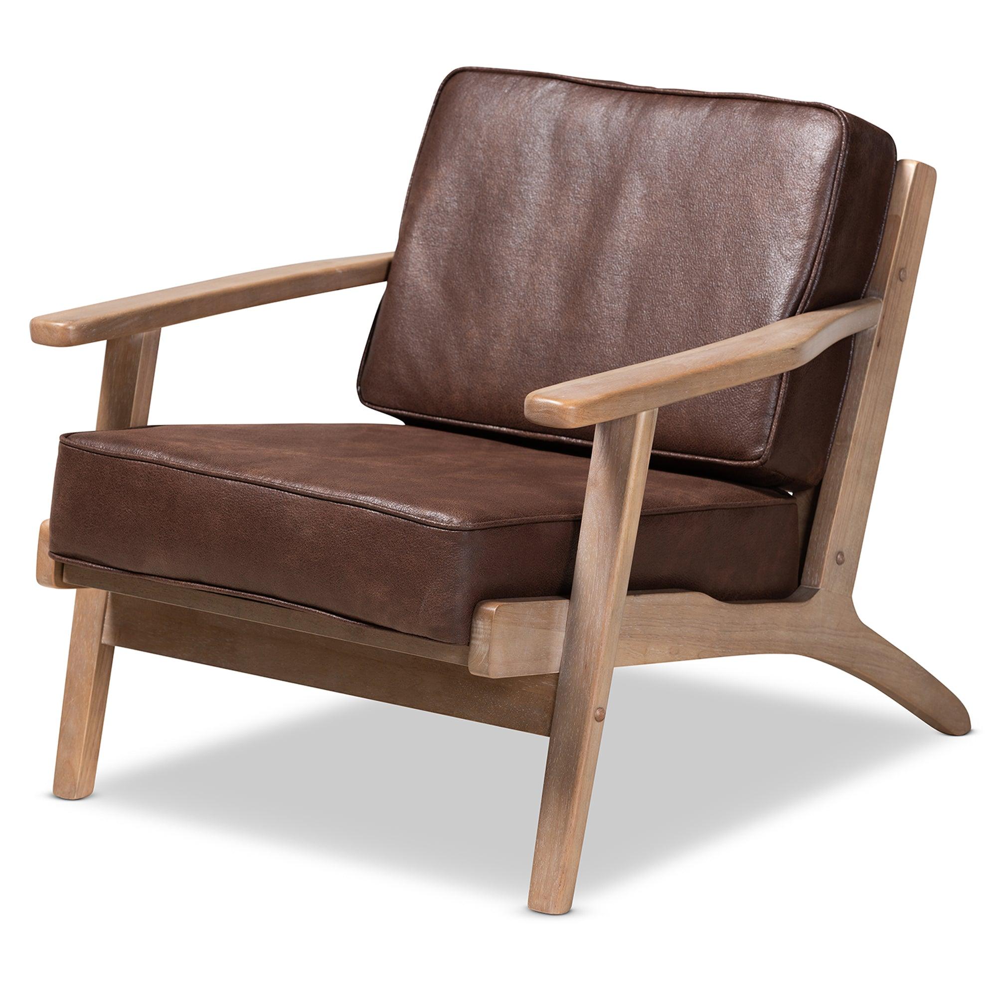 Sigrid Mid-Century Modern Faux Leather Effect Fabric Upholstered Antique Finished 2-Piece Wood Armchair and Ottoman Set