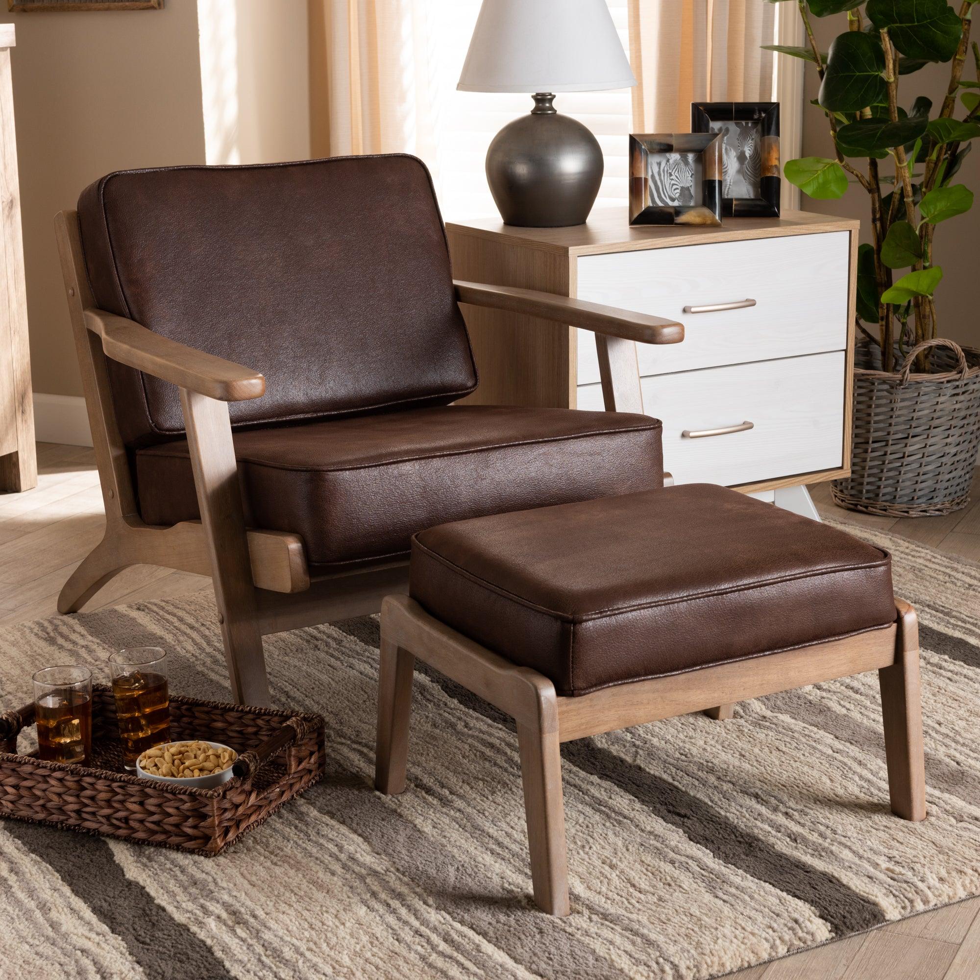 Sigrid Mid-Century Modern Faux Leather Effect Fabric Upholstered Antique Finished 2-Piece Wood Armchair and Ottoman Set