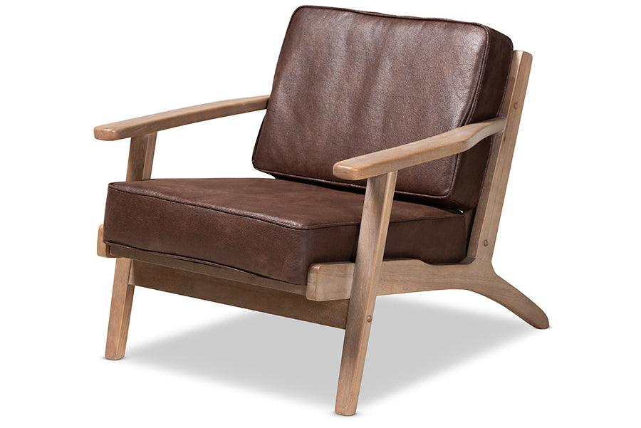 Sigrid Mid-Century Modern Faux Leather Effect Fabric Upholstered Antique Finished Wood Armchair