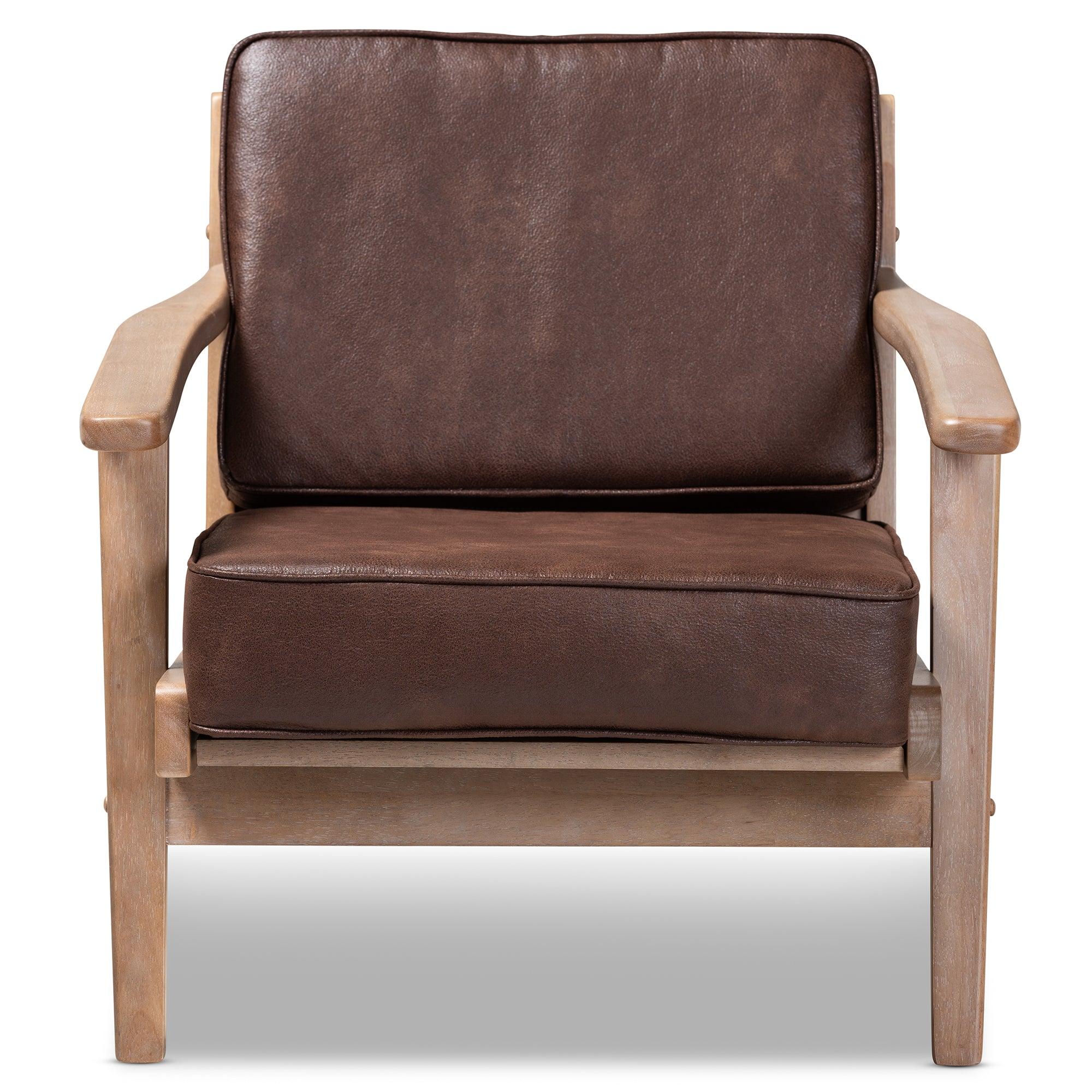 Sigrid Mid-Century Modern Faux Leather Effect Fabric Upholstered Antique Finished Wood Armchair