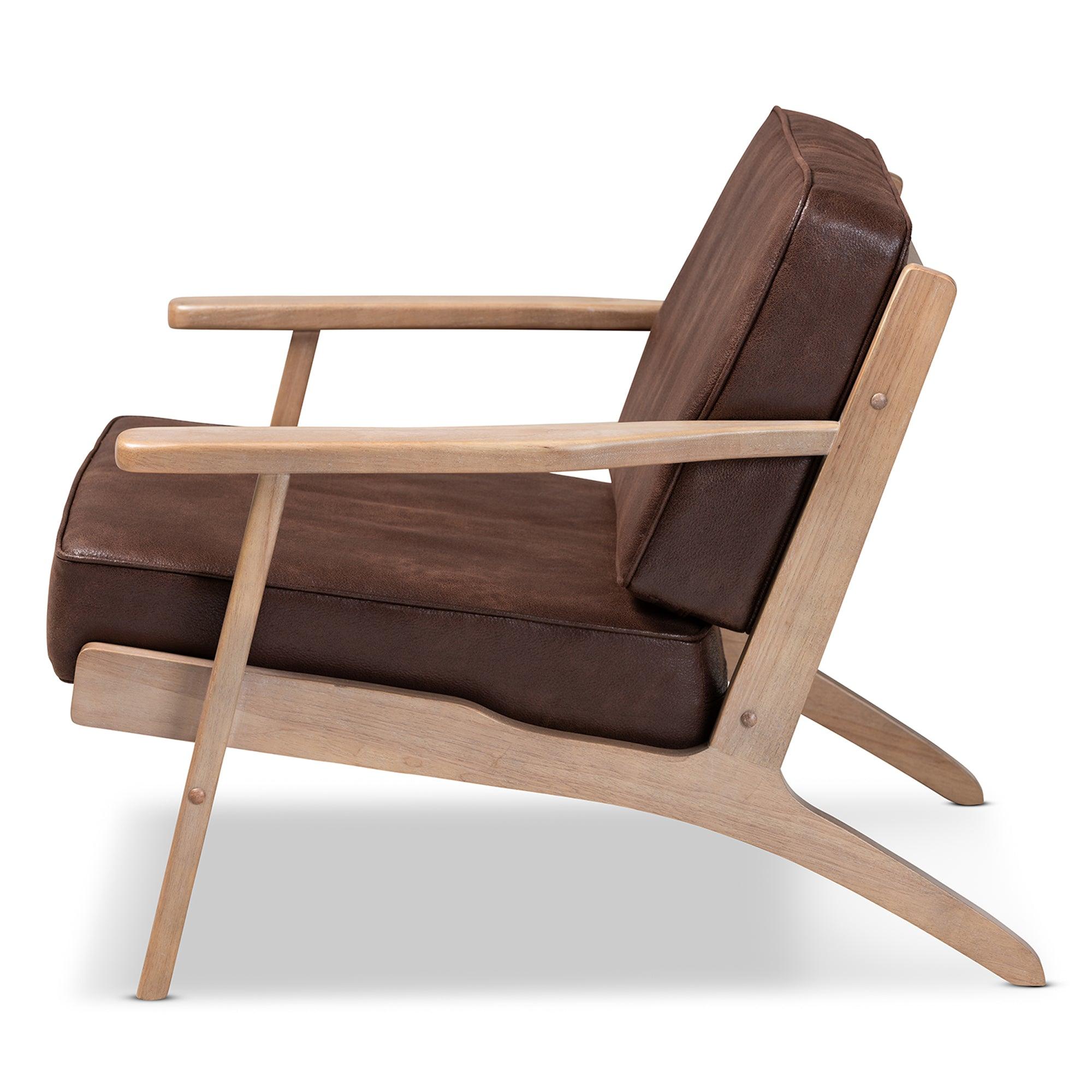 Sigrid Mid-Century Modern Faux Leather Effect Fabric Upholstered Antique Finished Wood Armchair