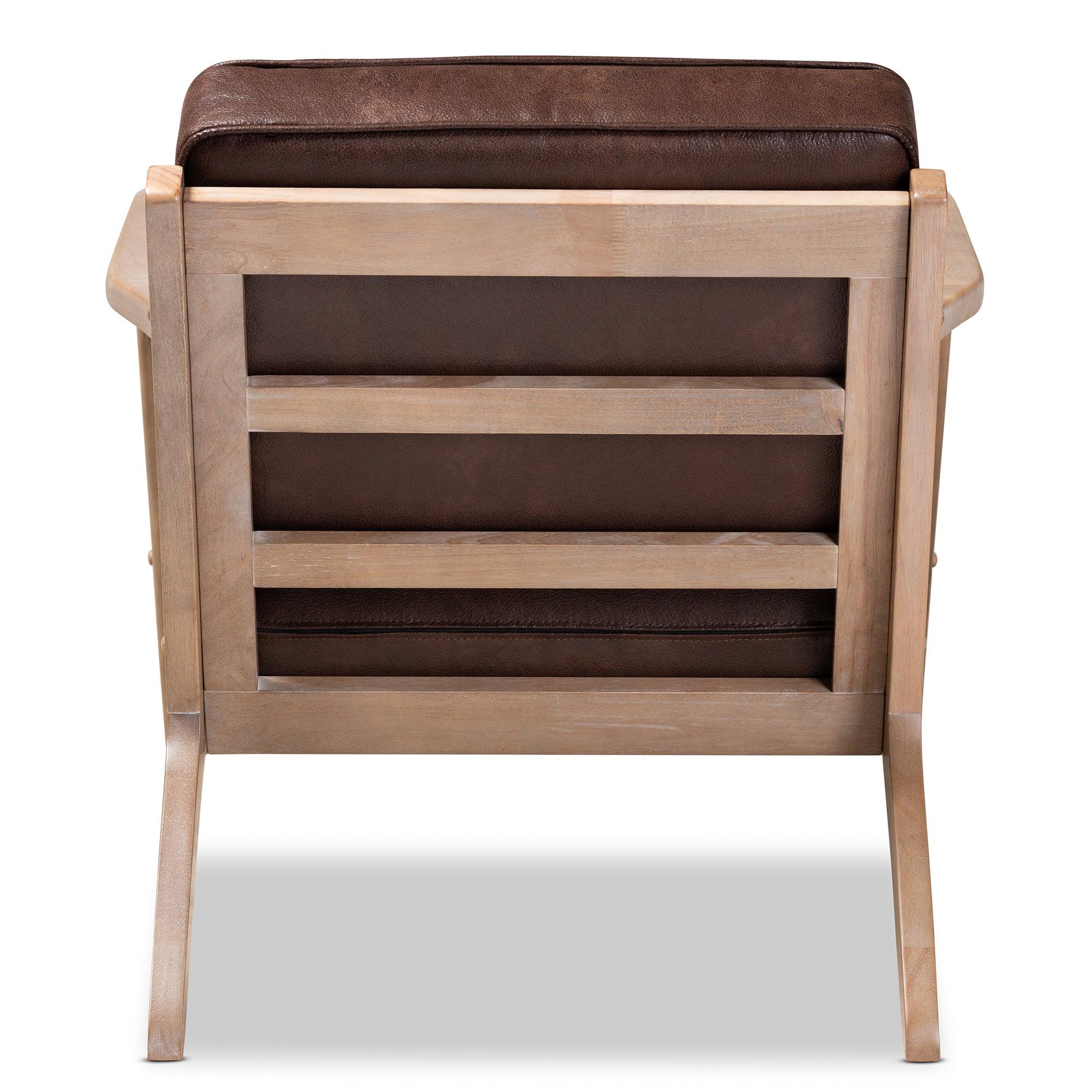 Sigrid Mid-Century Modern Faux Leather Effect Fabric Upholstered Antique Finished Wood Armchair