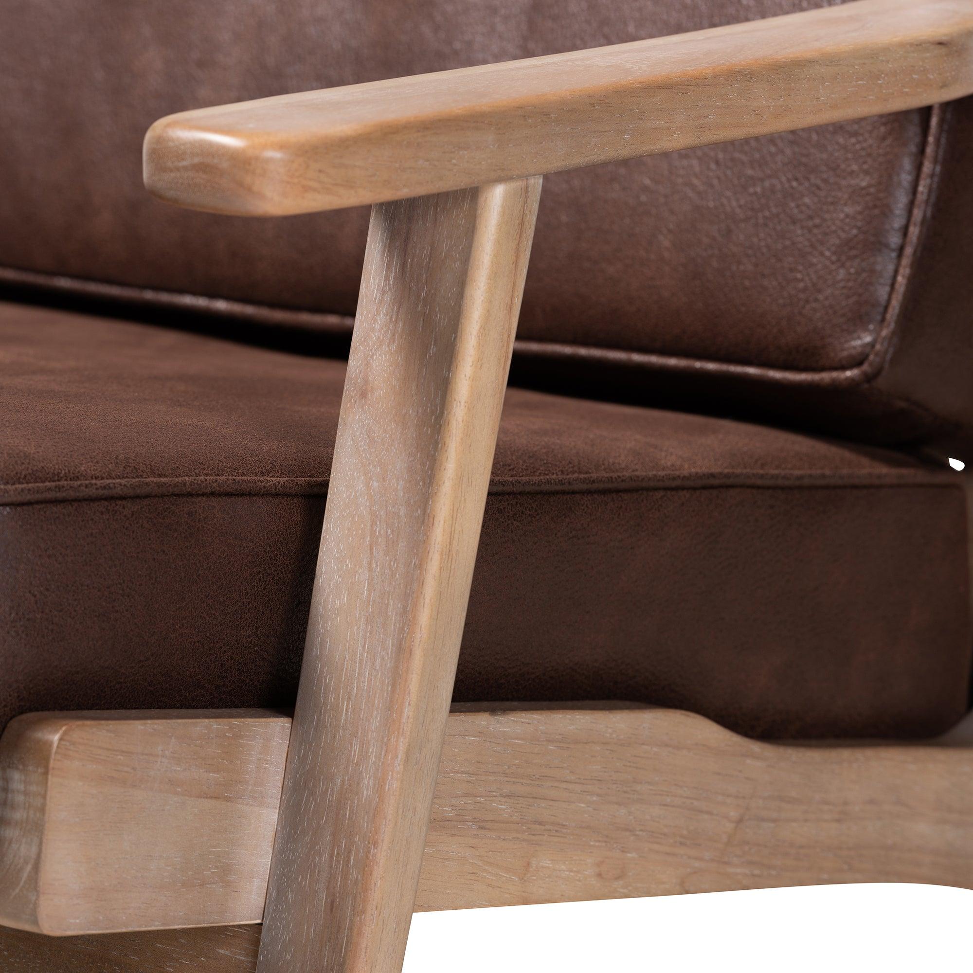Sigrid Mid-Century Modern Faux Leather Effect Fabric Upholstered Antique Finished Wood Armchair
