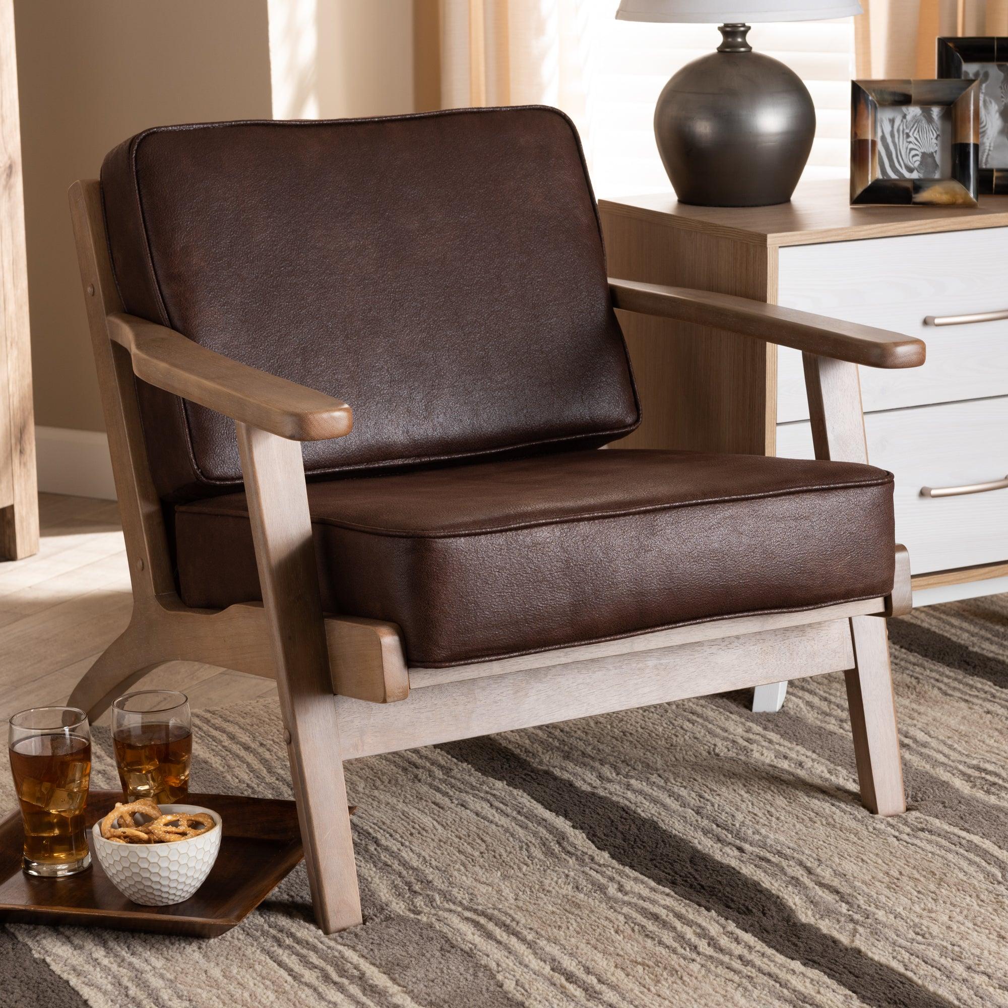 Sigrid Mid-Century Modern Faux Leather Effect Fabric Upholstered Antique Finished Wood Armchair