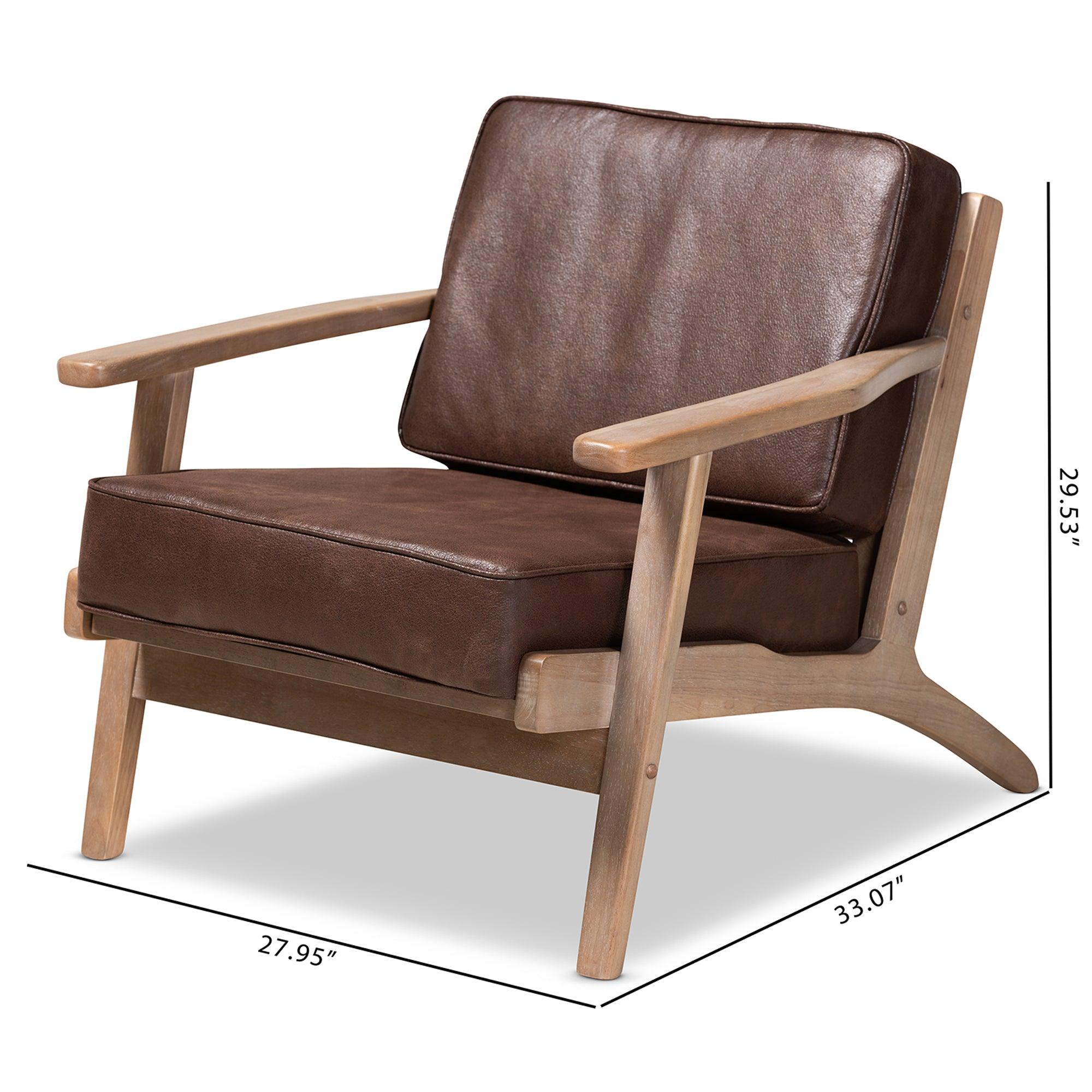 Sigrid Mid-Century Modern Faux Leather Effect Fabric Upholstered Antique Finished Wood Armchair