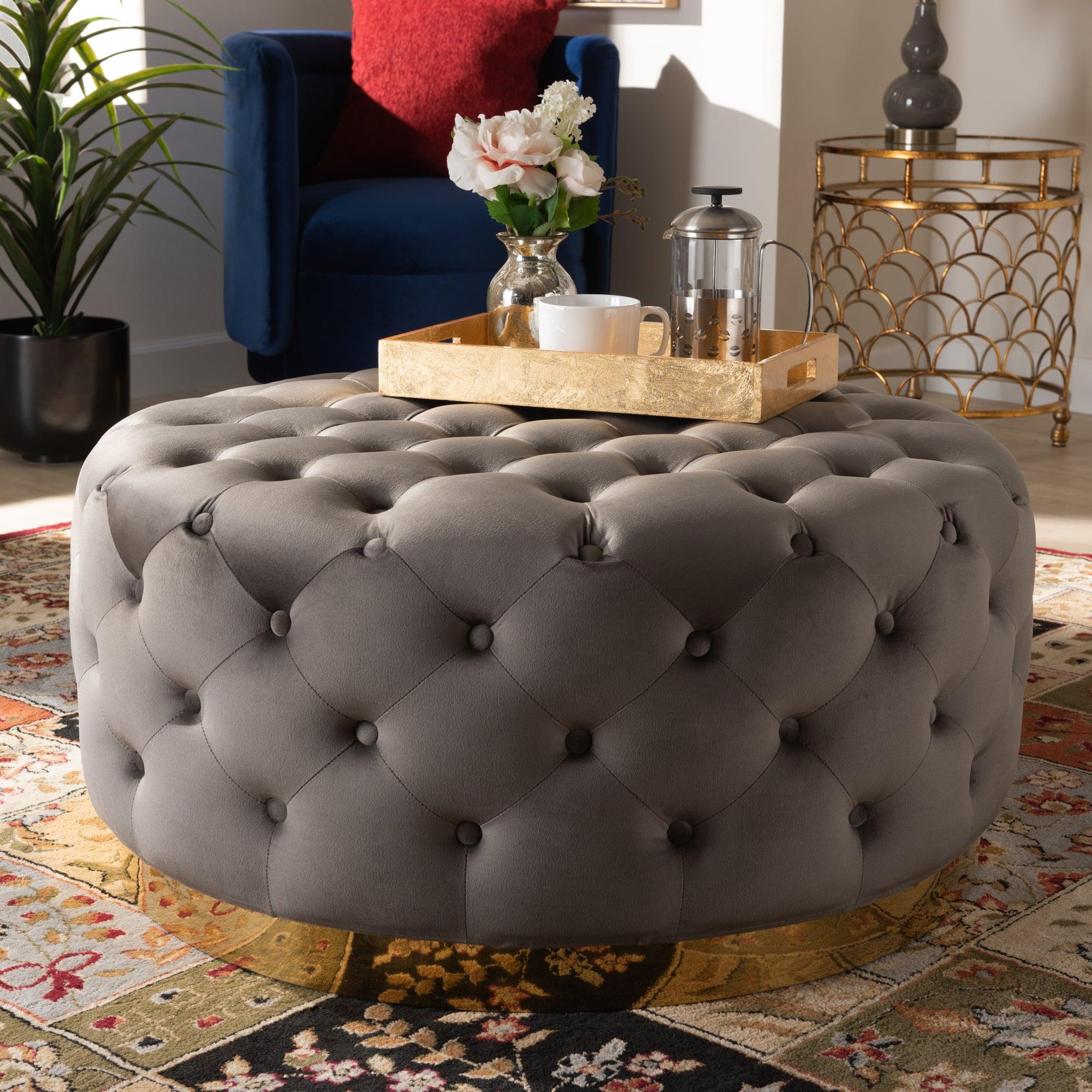 Sasha Glam and Luxe Velvet Fabric Upholstered Finished Round Cocktail Ottoman