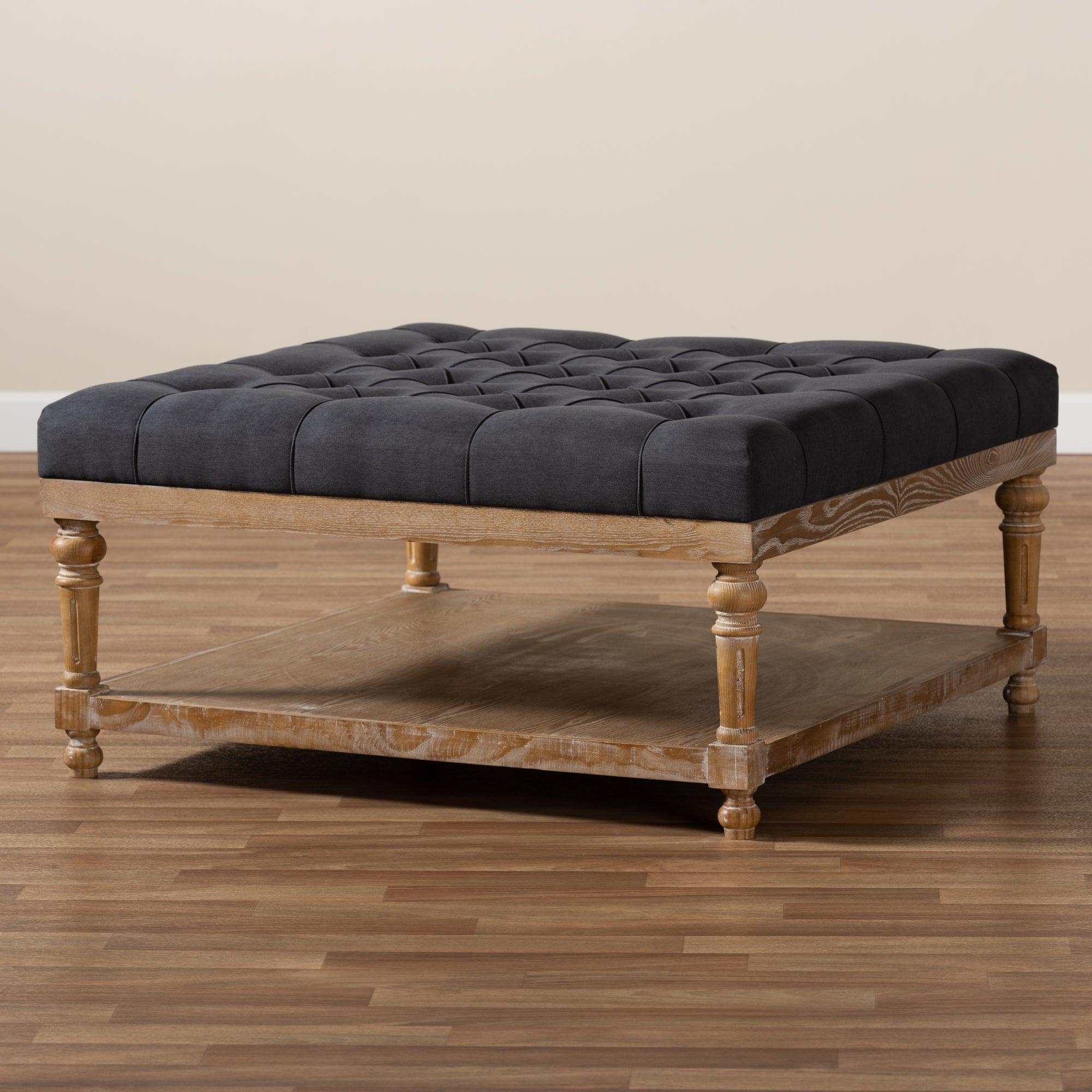 Kelly Modern and Rustic Linen Fabric Upholstered and washed Wood Cocktail Ottoman