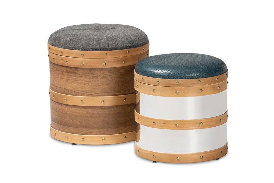 Caleb Modern Fabric and Alligator Faux Leather 2-Piece Storage Ottoman Set