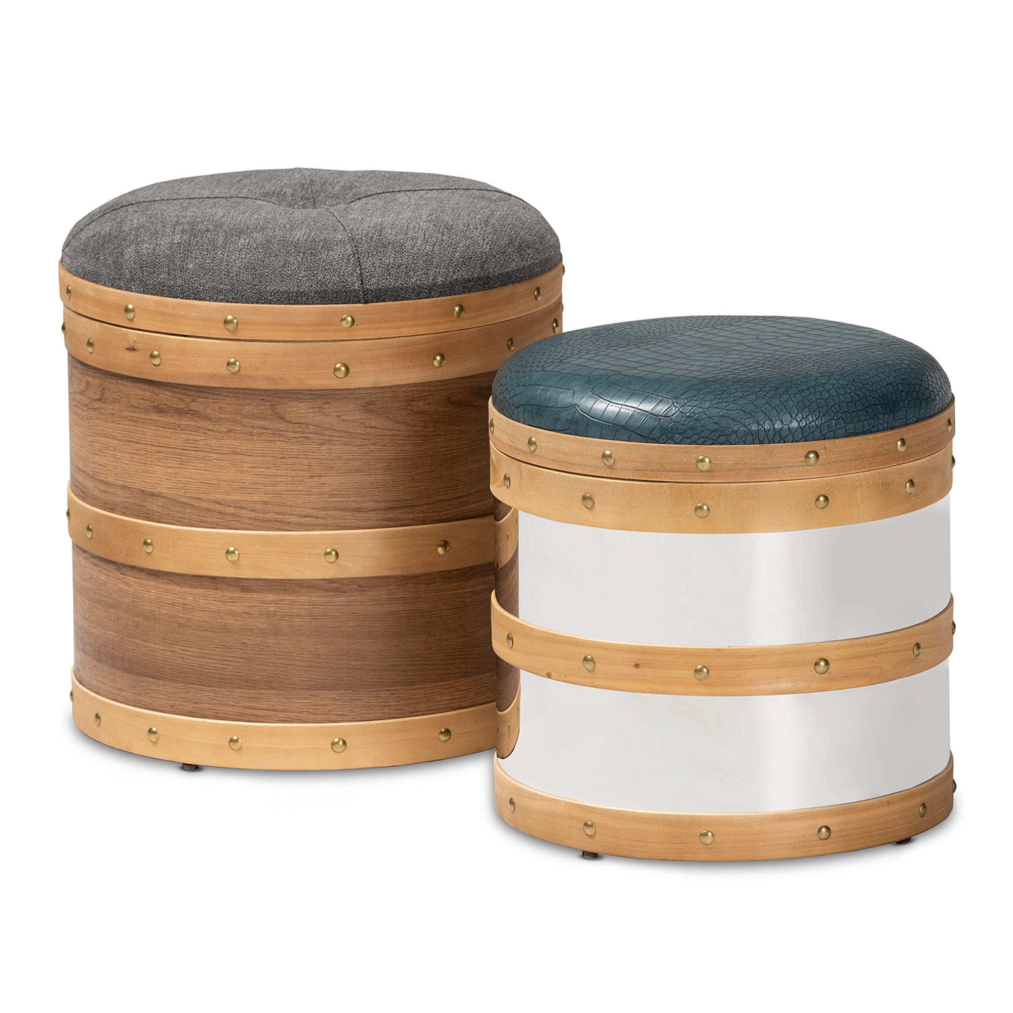 Caleb Modern Fabric and Alligator Faux Leather 2-Piece Storage Ottoman Set