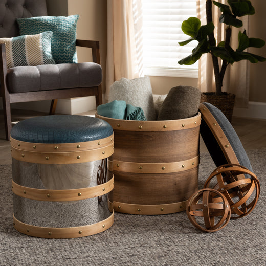 Caleb Modern Fabric and Alligator Faux Leather 2-Piece Storage Ottoman Set