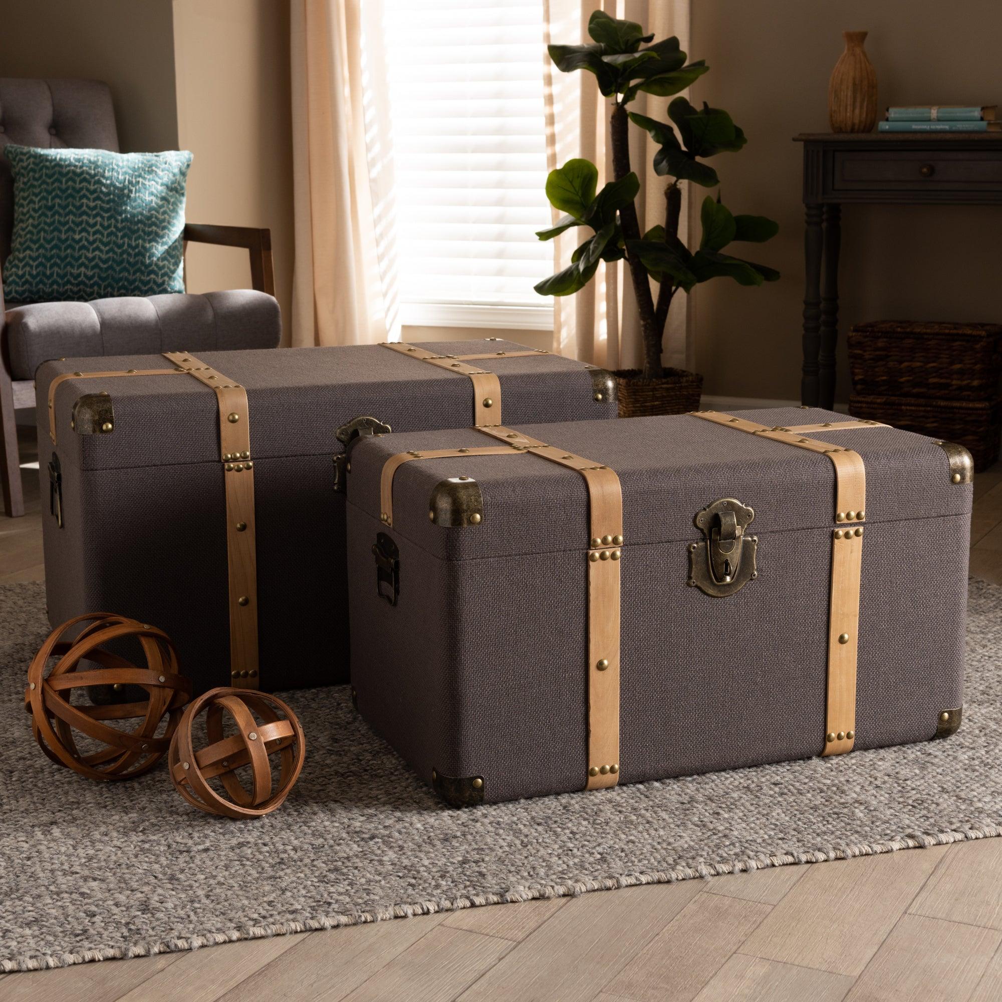 Stephen Modern and Contemporary Transitional Fabric Upholstered and Finished 2-Piece Storage Trunk Set