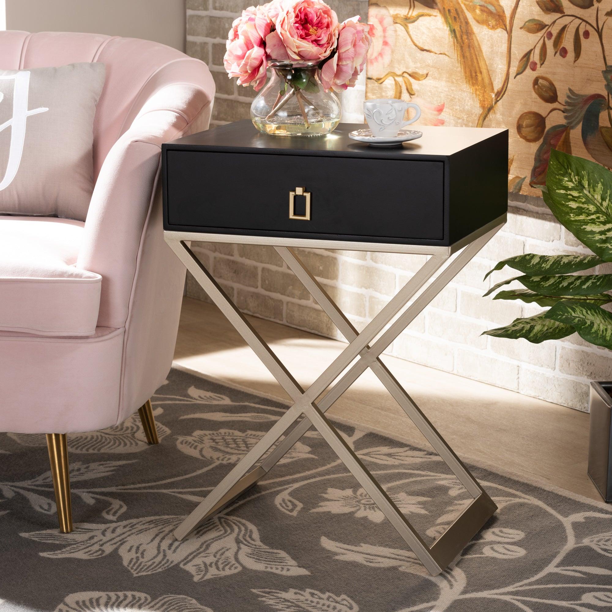 Patricia Modern and Contemporary Finished Wood and Powder Coated Brass Effect Metal 1-Drawer End Table