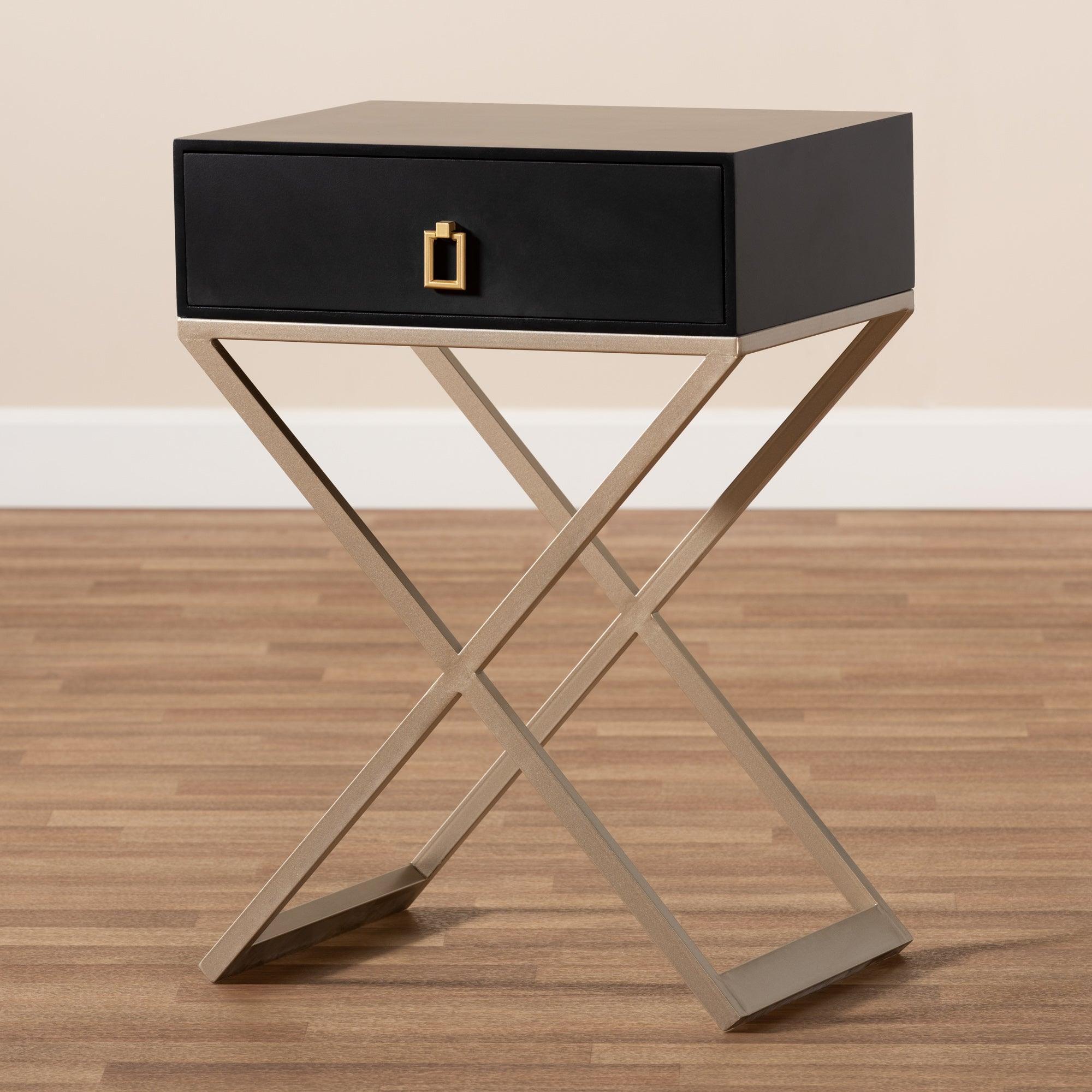 Patricia Modern and Contemporary Finished Wood and Powder Coated Brass Effect Metal 1-Drawer End Table
