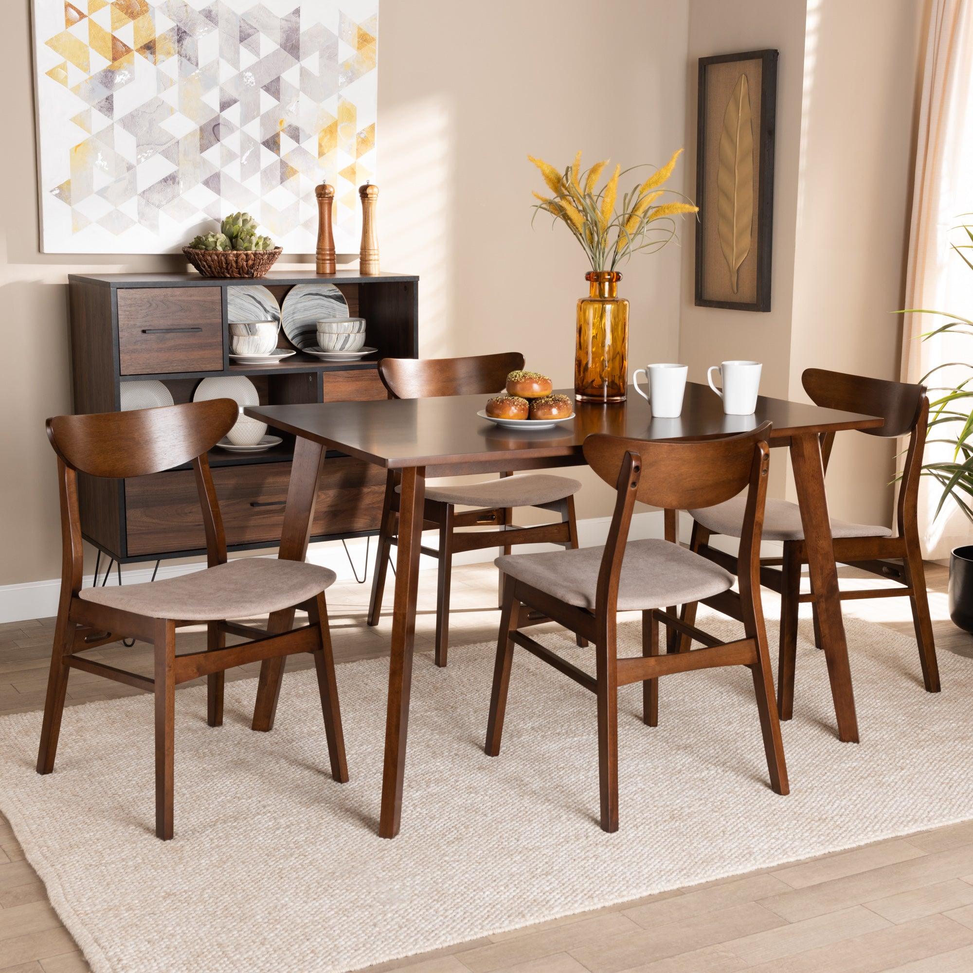 Orion Mid-Century Modern Transitional Light Fabric Upholstered and Finished Wood 5-Piece Dining Set