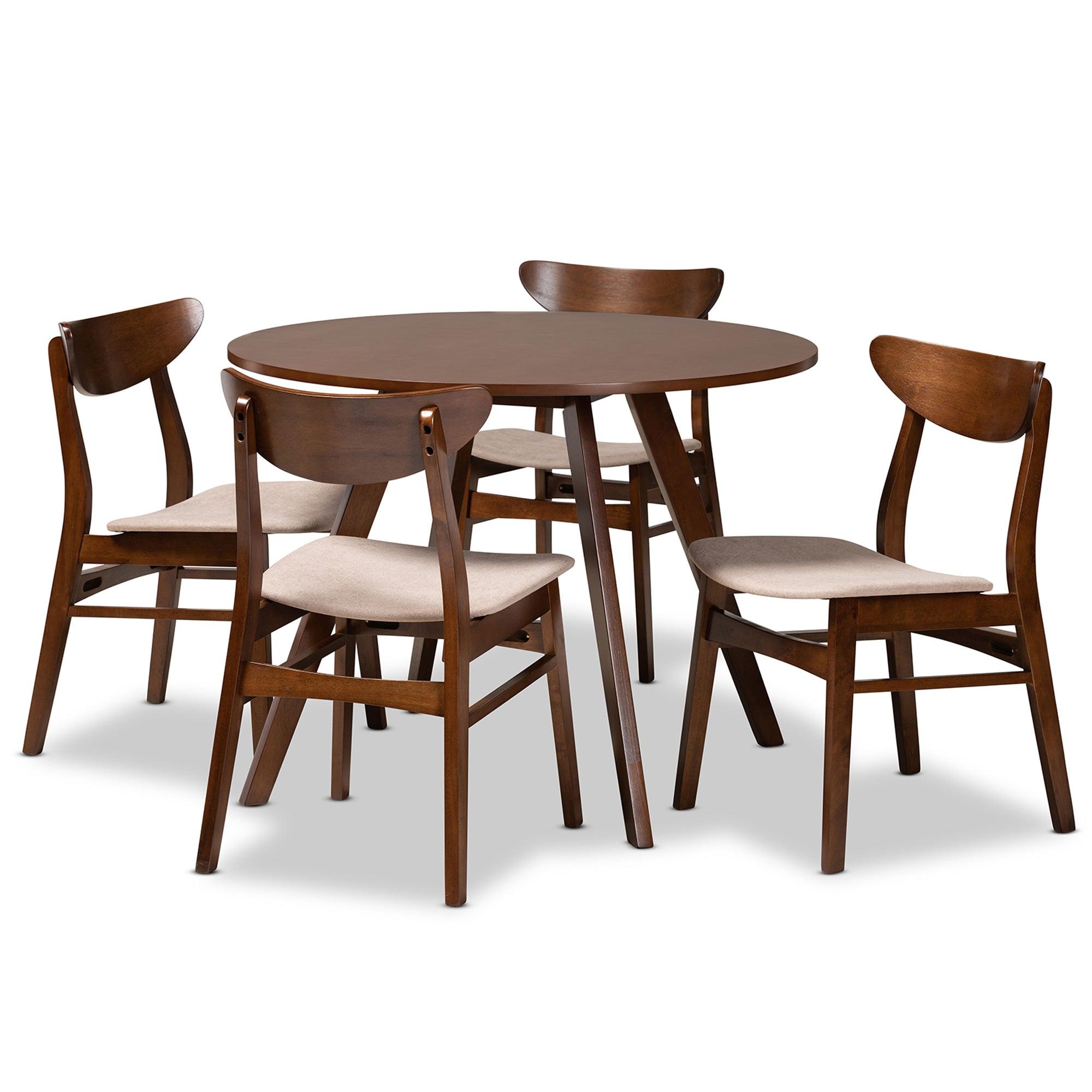 Philip Mid-Century Modern Transitional Light Fabric Upholstered and Finished Wood 5-Piece Dining Set