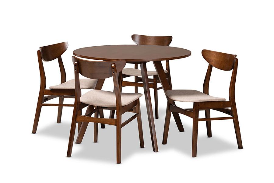 Philip Mid-Century Modern Transitional Light Fabric Upholstered and Finished Wood 5-Piece Dining Set
