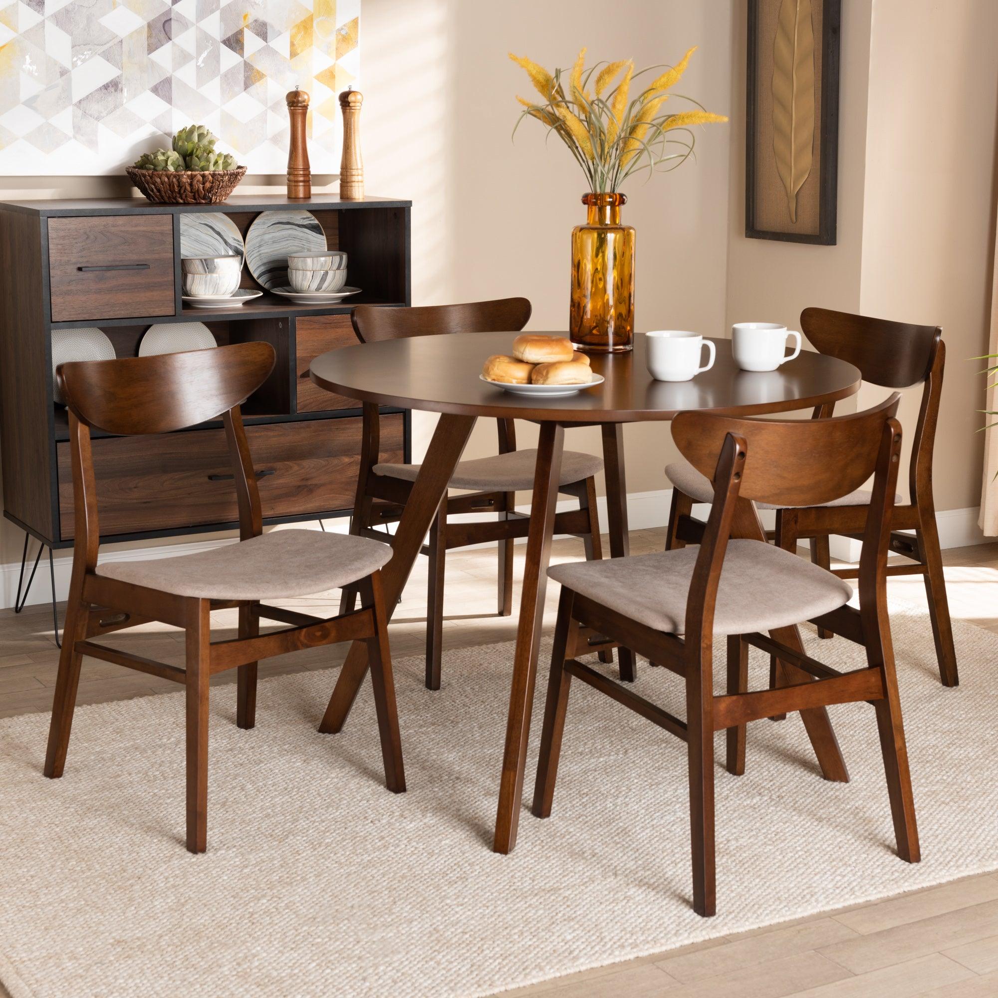 Philip Mid-Century Modern Transitional Light Fabric Upholstered and Finished Wood 5-Piece Dining Set