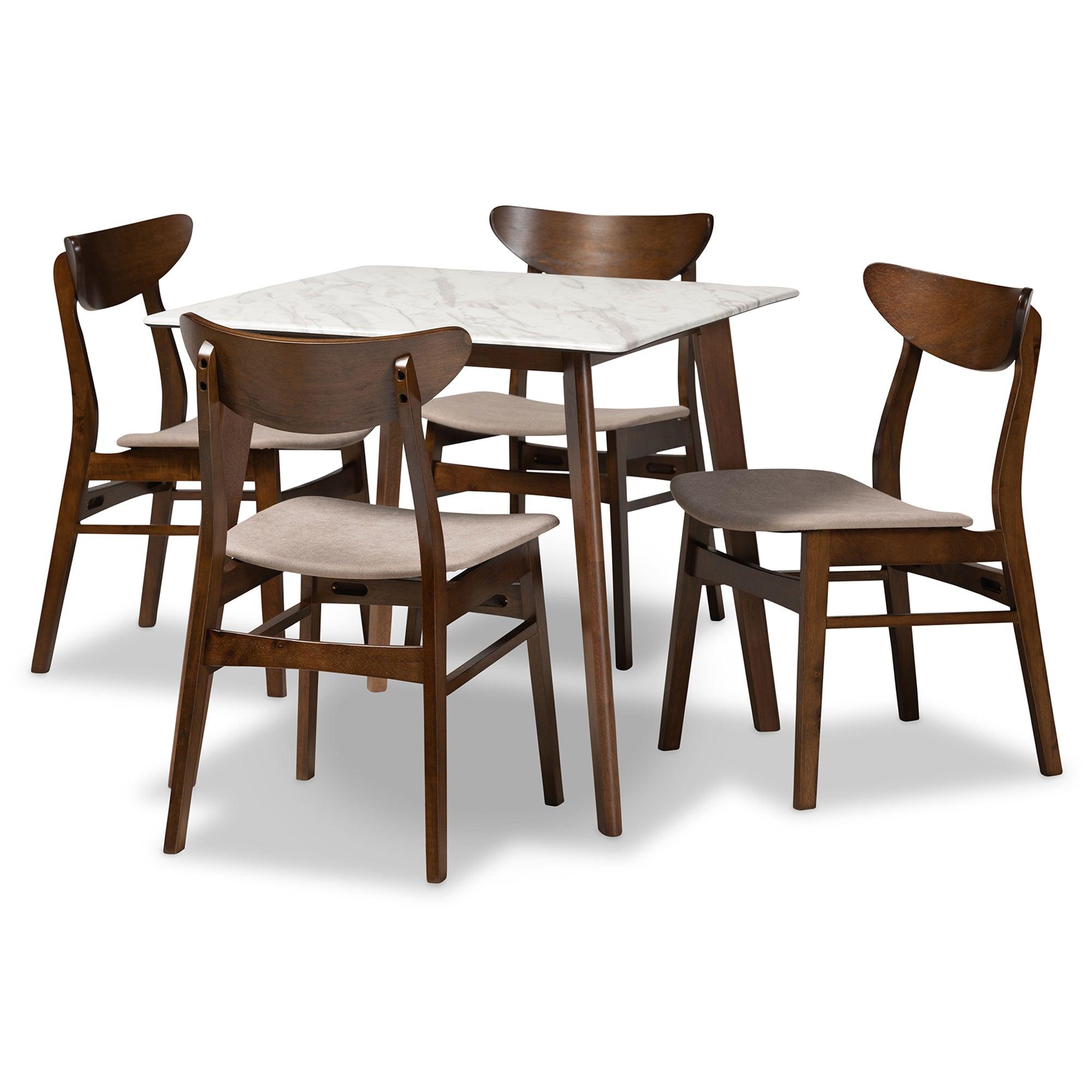 Paras Mid-Century Modern Transitional Light Fabric Upholstered and Finished Wood 5-Piece Dining Set with Faux Marble Dining Table