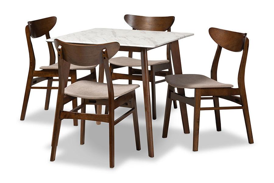 Paras Mid-Century Modern Transitional Light Fabric Upholstered and Finished Wood 5-Piece Dining Set with Faux Marble Dining Table
