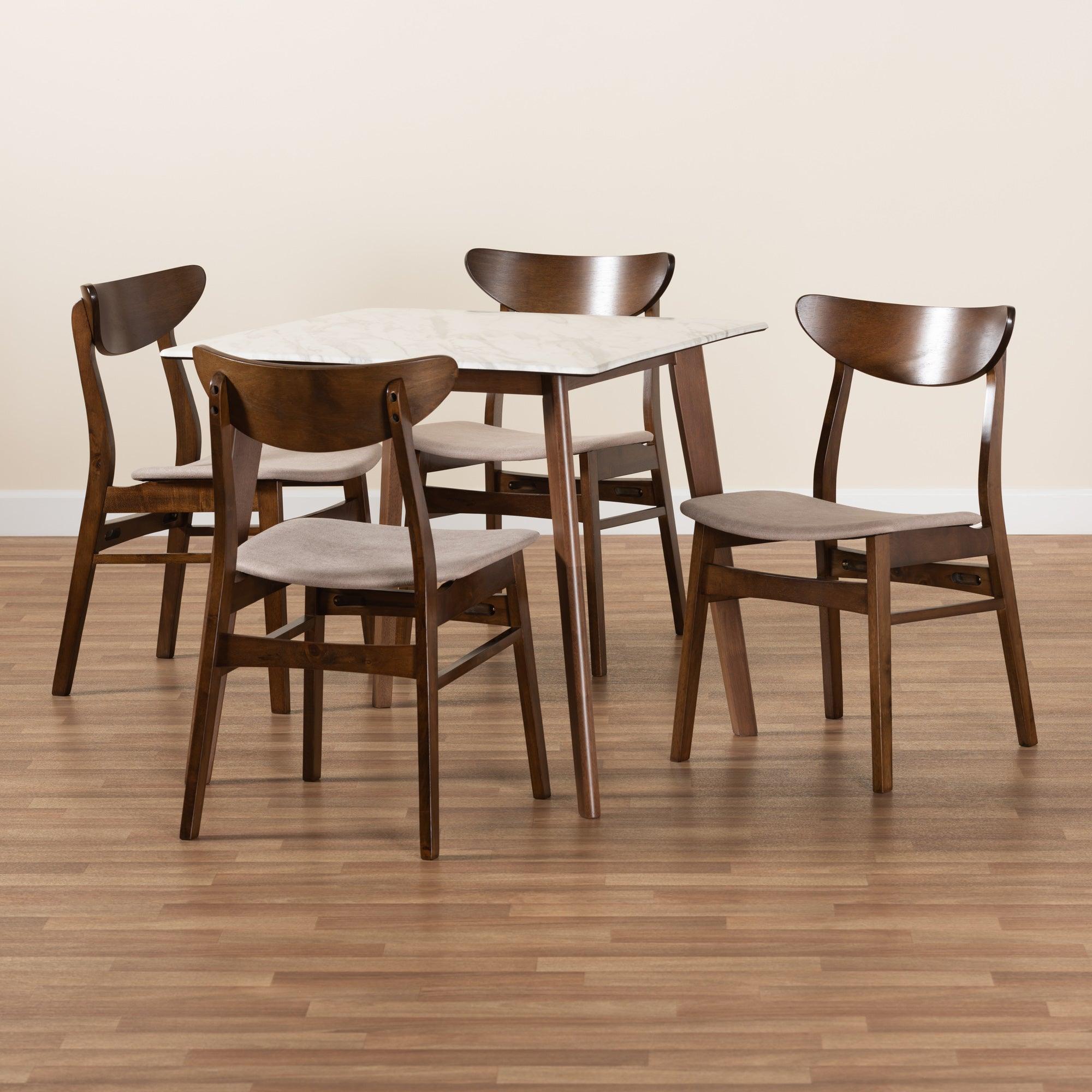 Paras Mid-Century Modern Transitional Light Fabric Upholstered and Finished Wood 5-Piece Dining Set with Faux Marble Dining Table