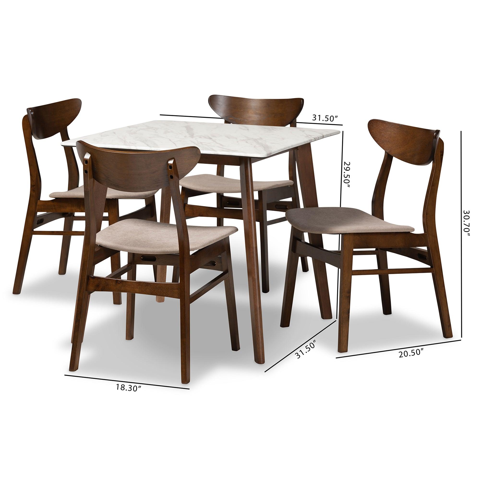 Paras Mid-Century Modern Transitional Light Fabric Upholstered and Finished Wood 5-Piece Dining Set with Faux Marble Dining Table