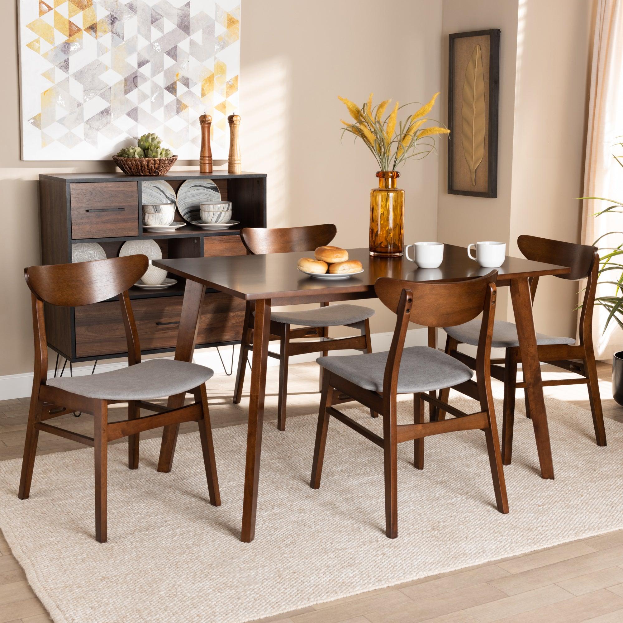 Orion Mid-Century Modern Transitional Light Fabric Upholstered and Finished Wood 5-Piece Dining Set