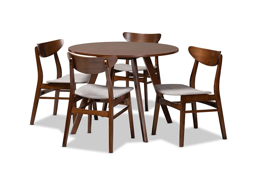 Philip Mid-Century Modern Transitional Light Fabric Upholstered and Finished Wood 5-Piece Dining Set