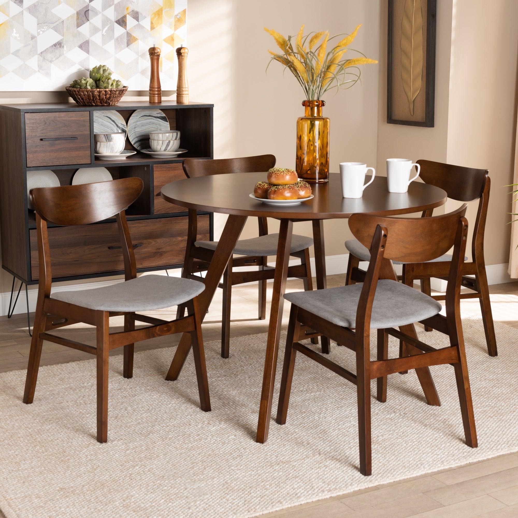 Philip Mid-Century Modern Transitional Light Fabric Upholstered and Finished Wood 5-Piece Dining Set