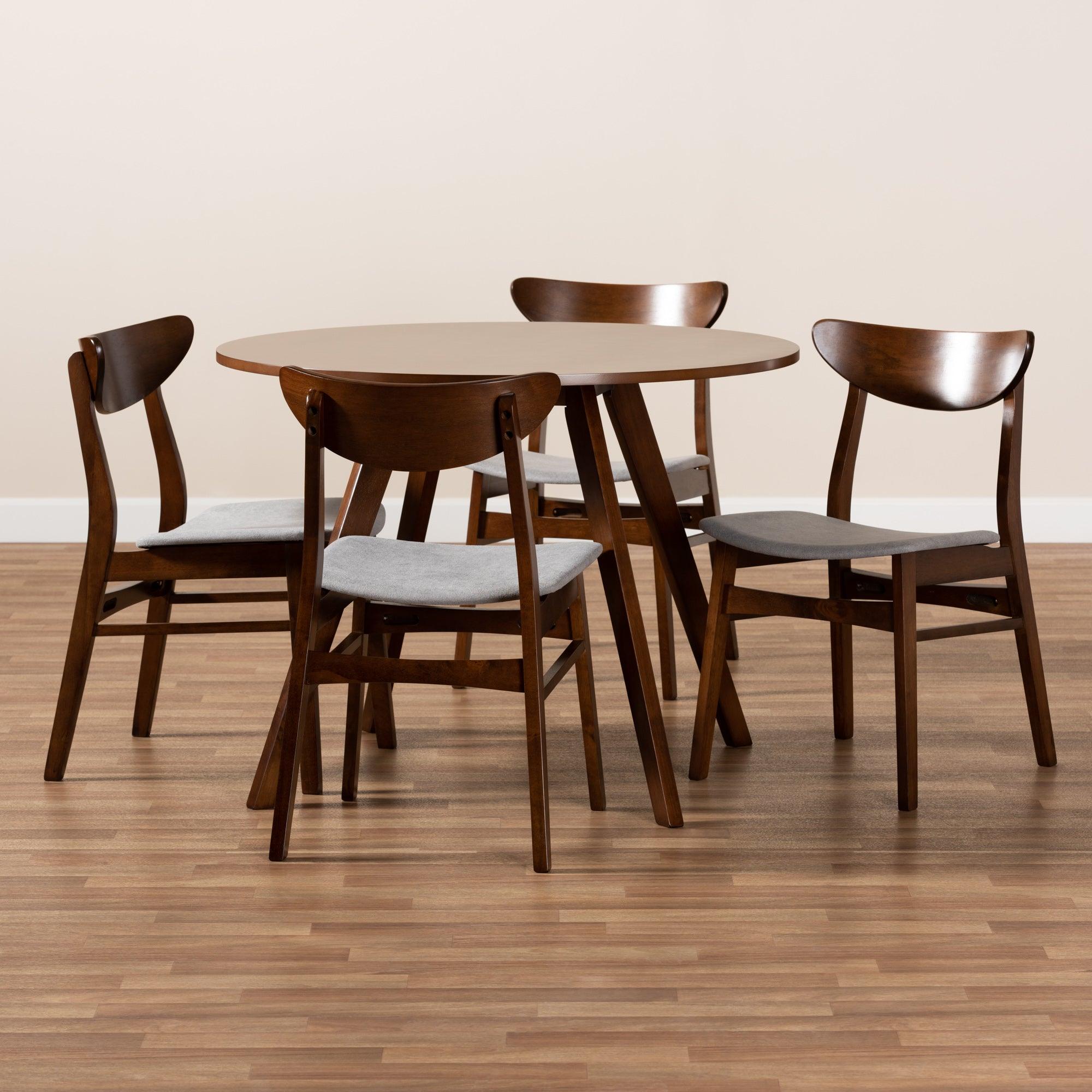 Philip Mid-Century Modern Transitional Light Fabric Upholstered and Finished Wood 5-Piece Dining Set