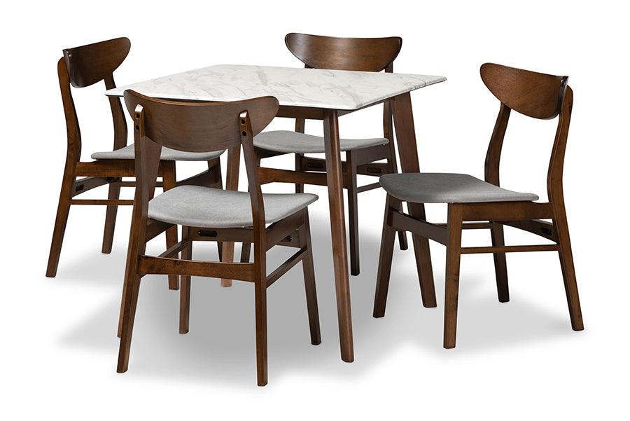 Paras Mid-Century Modern Transitional Light Fabric Upholstered and Finished Wood 5-Piece Dining Set with Faux Marble Dining Table