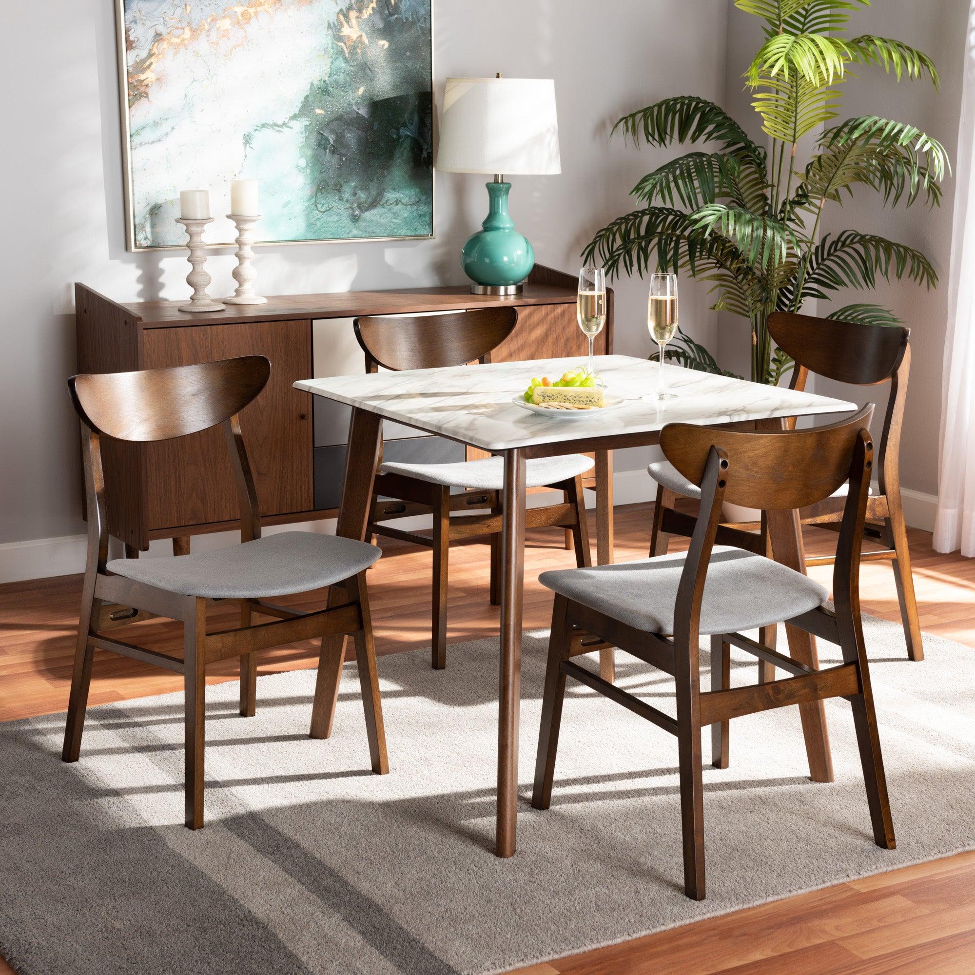 Paras Mid-Century Modern Transitional Light Fabric Upholstered and Finished Wood 5-Piece Dining Set with Faux Marble Dining Table