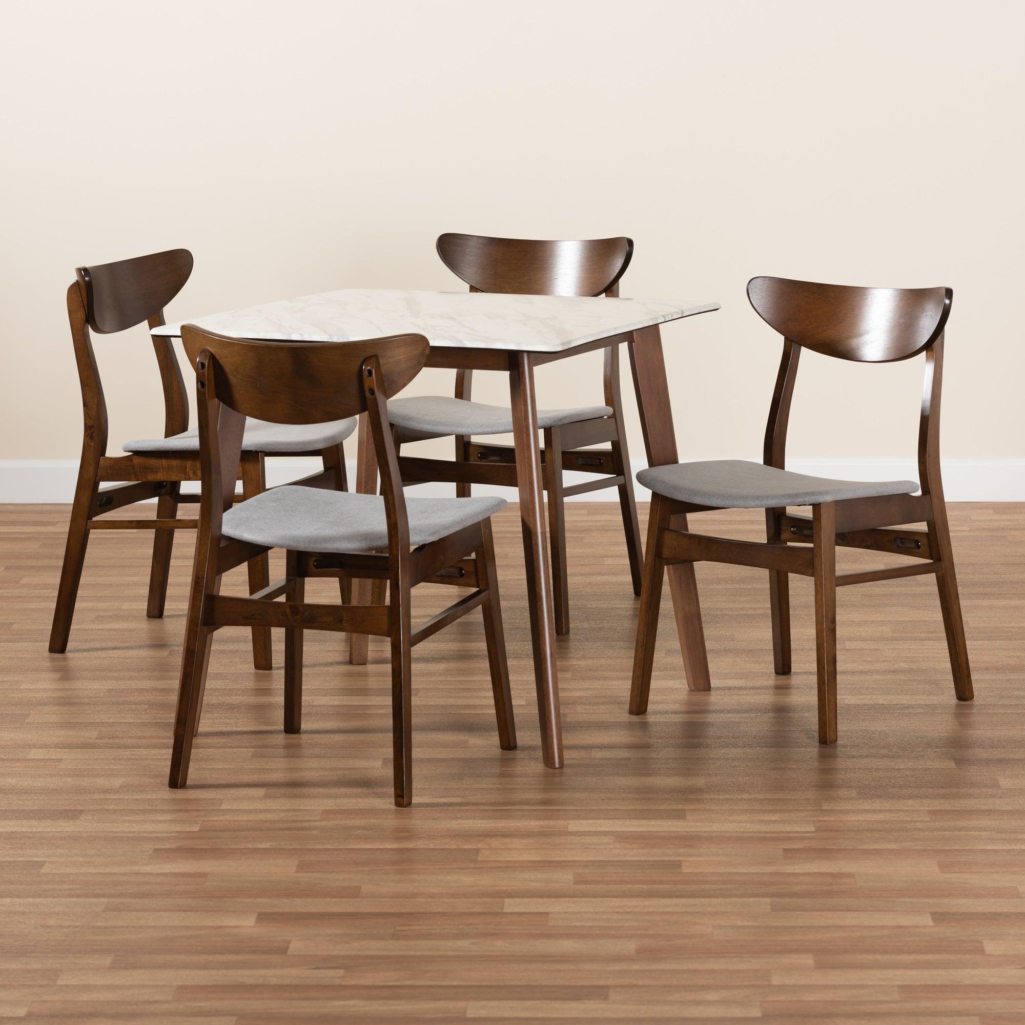 Paras Mid-Century Modern Transitional Light Fabric Upholstered and Finished Wood 5-Piece Dining Set with Faux Marble Dining Table